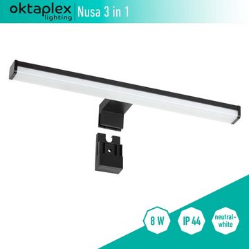 Oktaplex lighting LED Spiegelleuchte Nusa schwarz, 40cm 570lm 8W, LED fest verbaut, neutralweiß 4000K, 3 in 1 Spiegellampe Bad IP44 Schminklicht