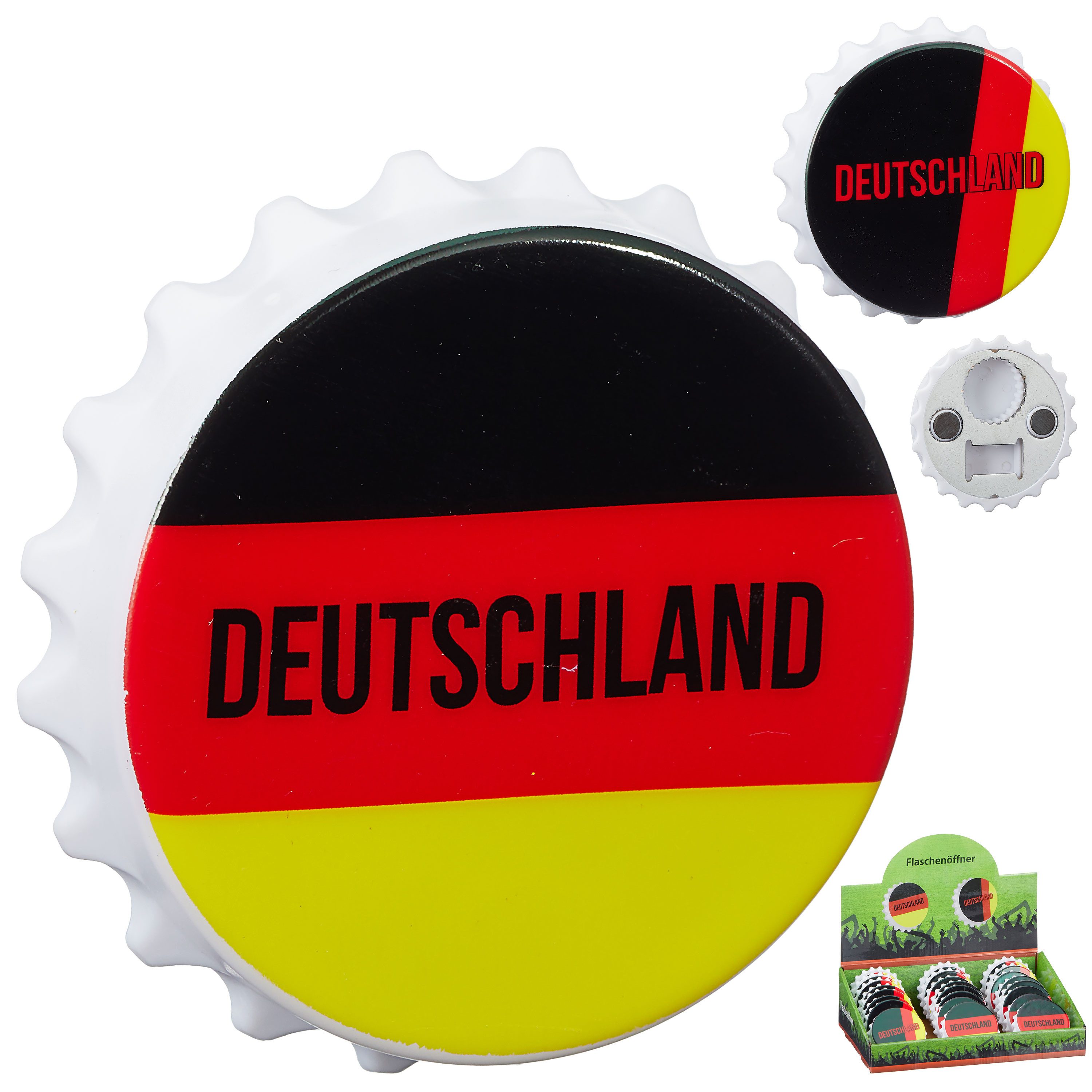 CEPEWA Flaschenöffner Flaschenöffner 12er Set 2 Motive Ø8cm schwarz rot gold ABS magnetisch