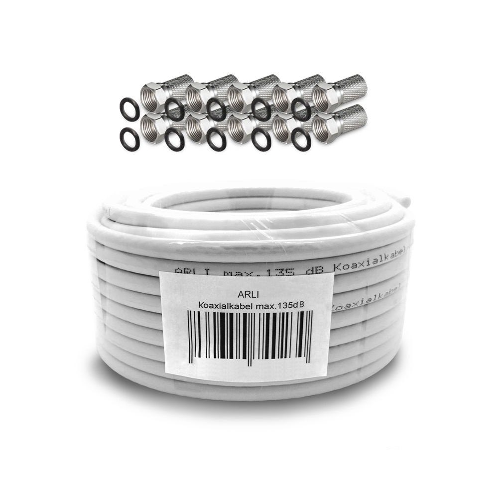 ARLI 20m Koaxialkabel + 10x F-Stecker mit breiter Mutter TV-Kabel, F Stecker, mit breiter Mutter und Dichtring (2000 cm), 20 m TV Sat Koax Antennen Kabel 5-fach geschirmt Verlegekabel Set