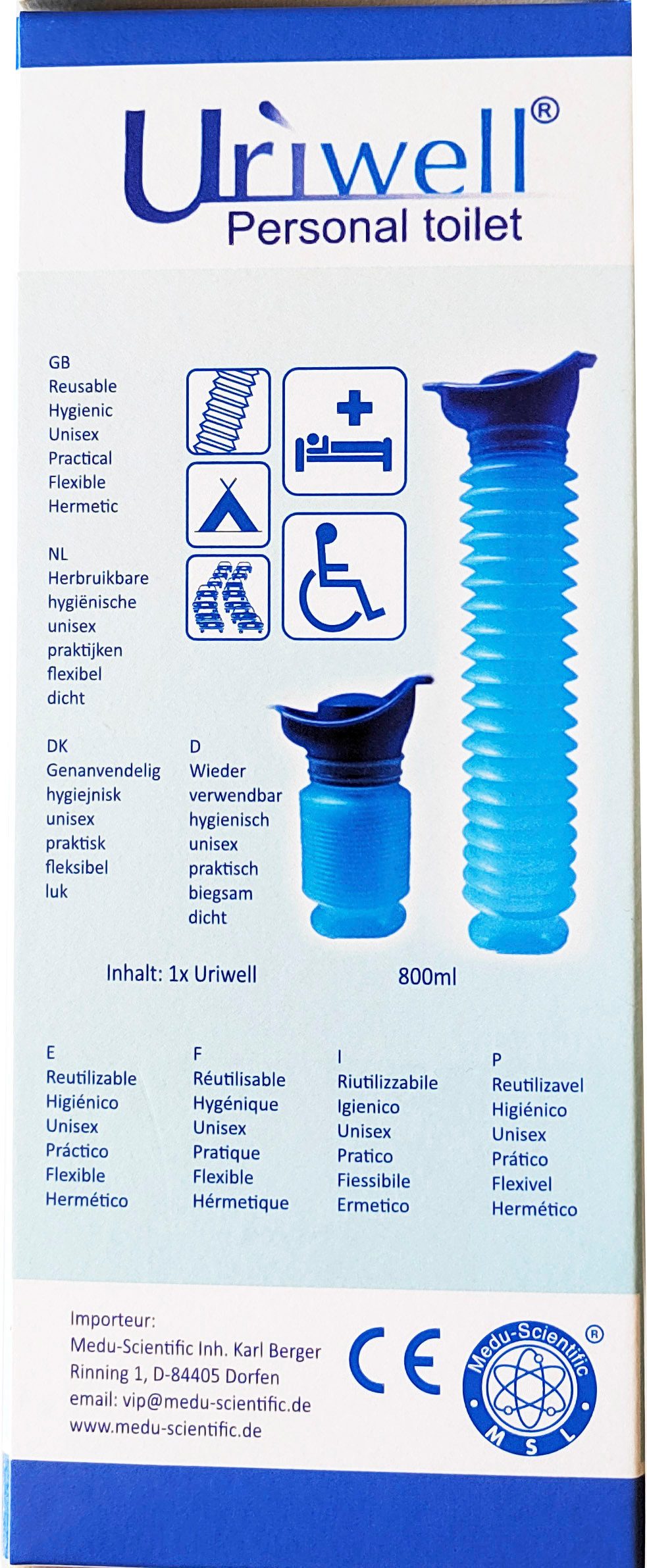 MEDUP Campingtoilette Uriwell Notfalltoilette Urinal Reisetoilette Miniurinal, (Paarset 2Stück unisex, 1-St., für Sie und Ihn unisex Reiseset), ausziehbar 800ml Füllvermögen wiederverwendbar faltbar waschbar