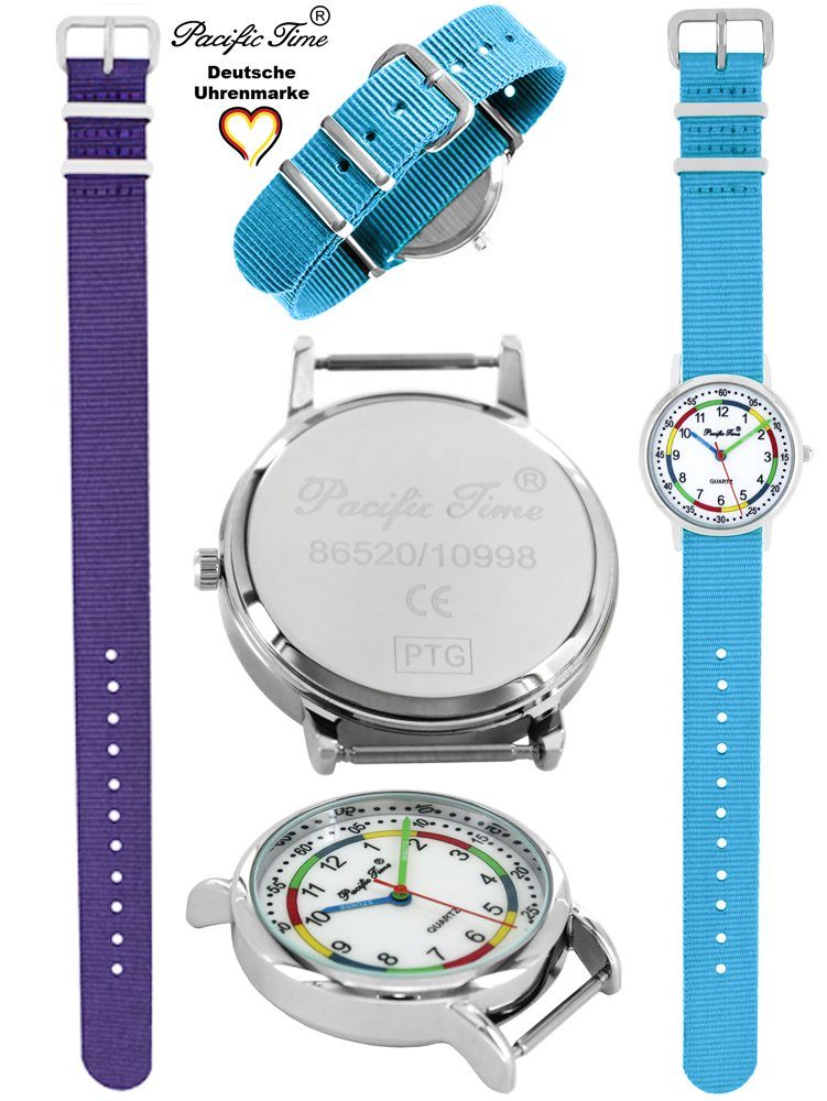 Pacific Time Quarzuhr Design Wechselarmband, - Versand und violett Kinder Gratis First hellblau Match Armbanduhr Mix Lernuhr Set und