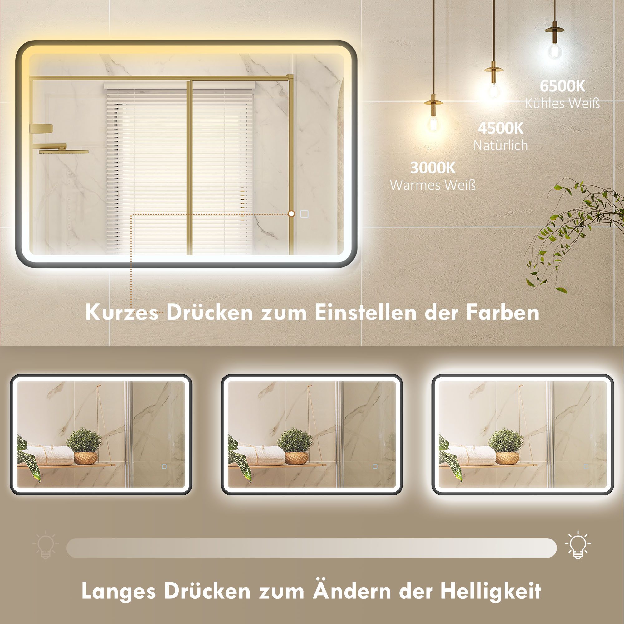 HOMCOM Badspiegel LED Spiegel Badezimmerspiegel mit Touchschalter, Memory-Funktion (Beschlagfrei Wandspiegel, 1-St., dimmbar LED Spiegel), für Badezimmer, Schwa – Bild 5 von 5