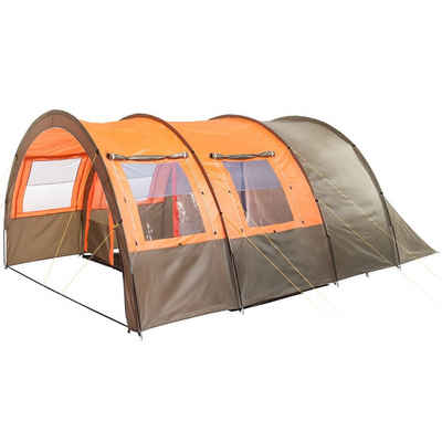 Skandika Tunnelzelt Kemi 4 Personen Campingzelt, Farbe: Olive/Orange, Camping Zelt, 2 Schlafkabinen, 2 m Stehhöhe, wasserfest, 3000 mm Wassersäule, Frontwand versetzbar, Vorzelt, Campingzelt, Familienzelt