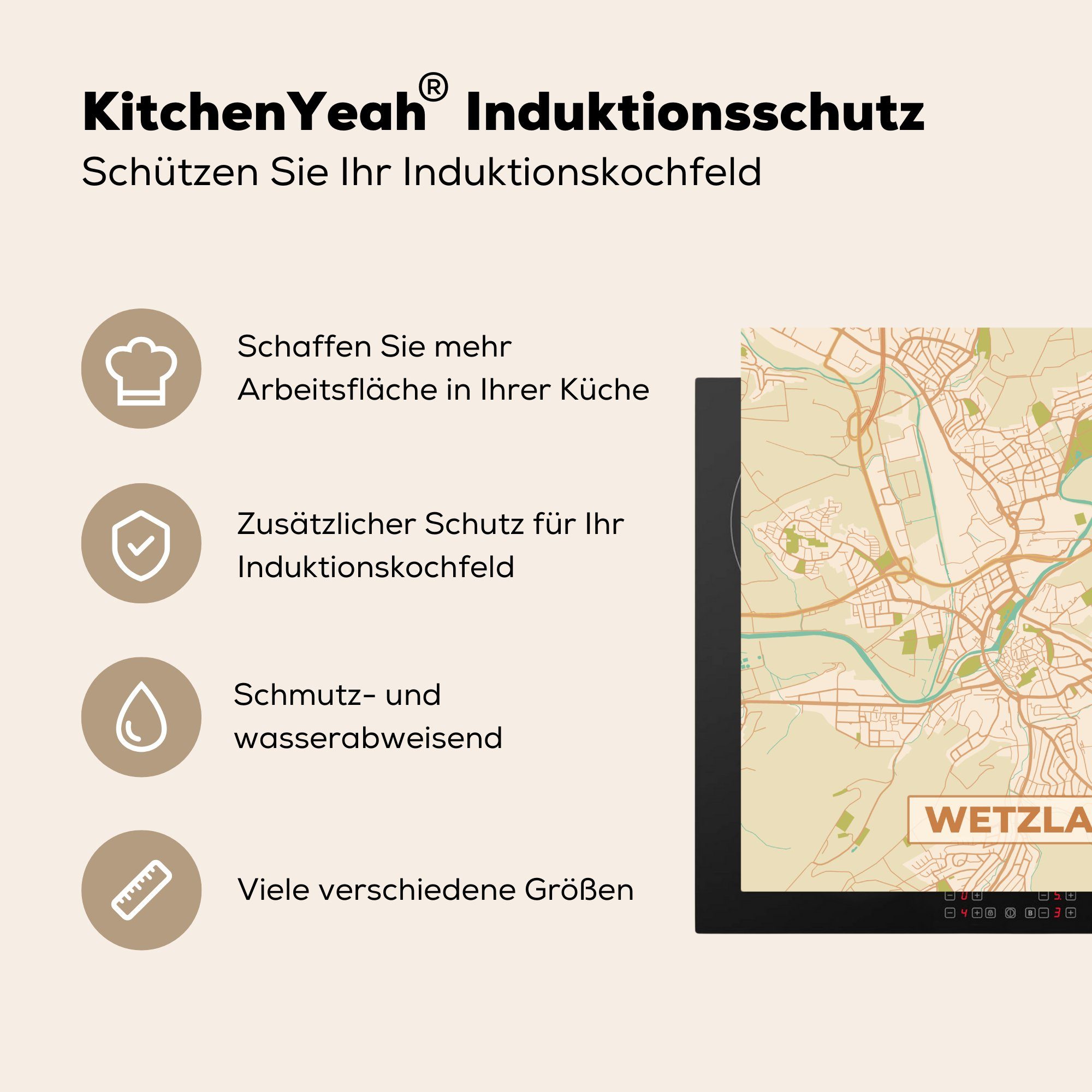 Arbeitsplatte Ceranfeldabdeckung, küche für Vinyl, Karte MuchoWow Vintage Wetzlar 78x78 - Stadtplan, - Herdblende-/Abdeckplatte cm, - (1 tlg),