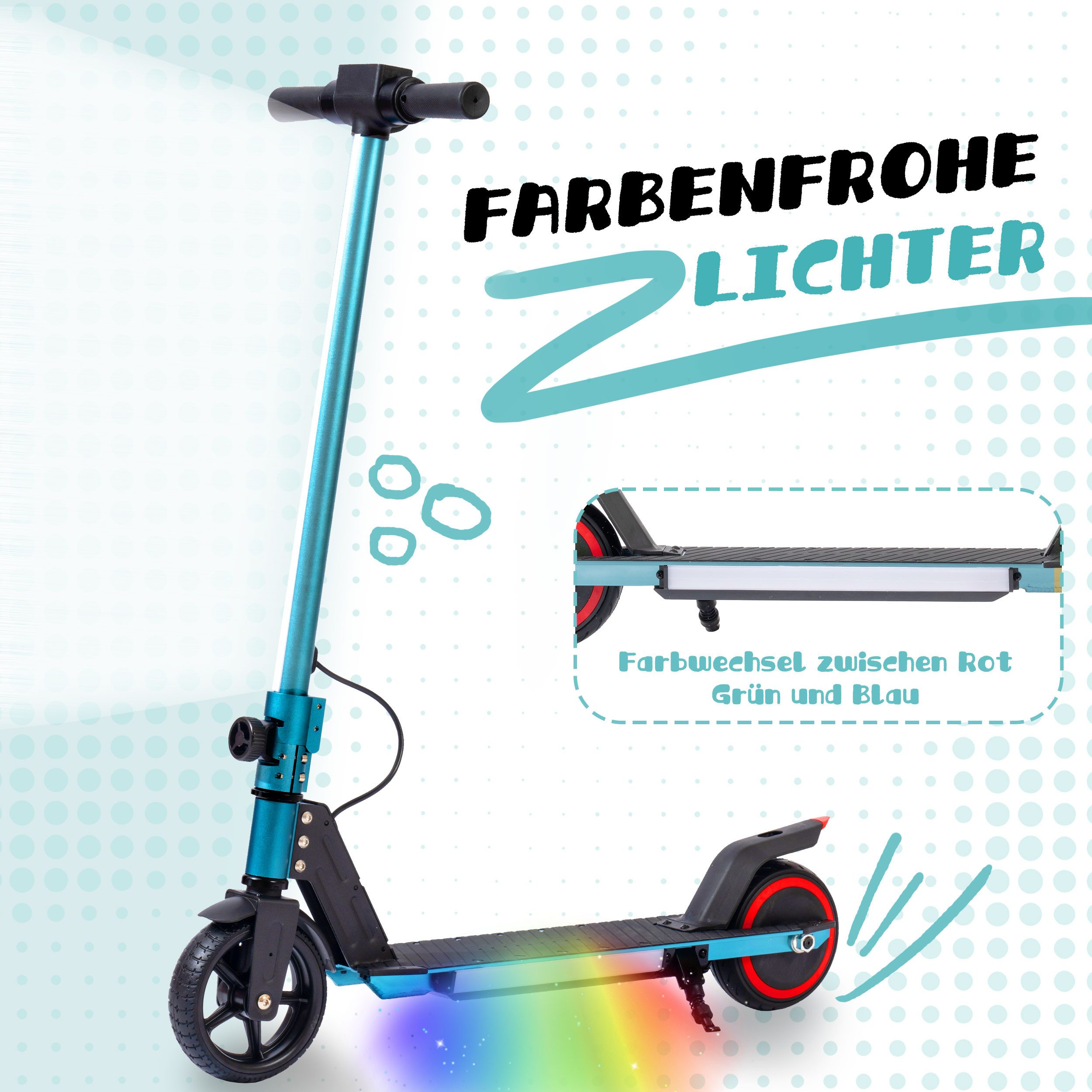 Vankel Elektro-Kinderroller für 6-15 Jahren, 6,5'' E-Roller, max. 5-8km, klappbar, Belastbarkeit 50 kg, 14km/h, faltbarer Cityroller, mit Beleuchtung, EBS+Fußbremse