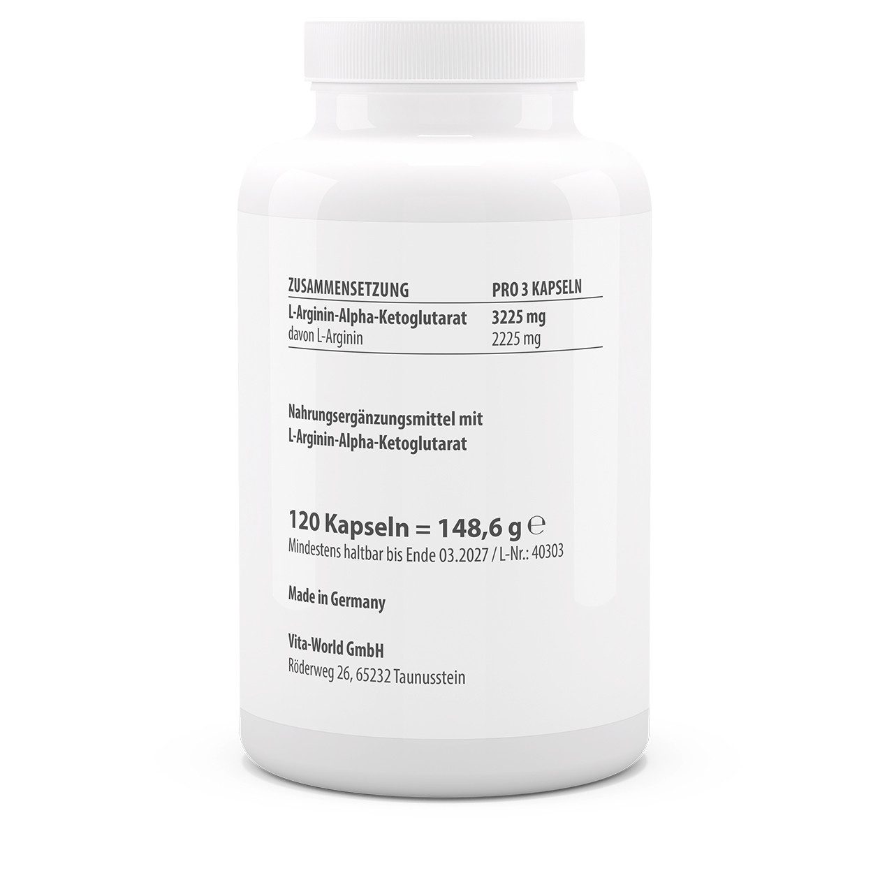 vitaworld AAKG - L-Arginin-Alpha-Ketoglutarat - im idealen Verhältnis von 2:1 Kapseln, 120 St., 148.6 g