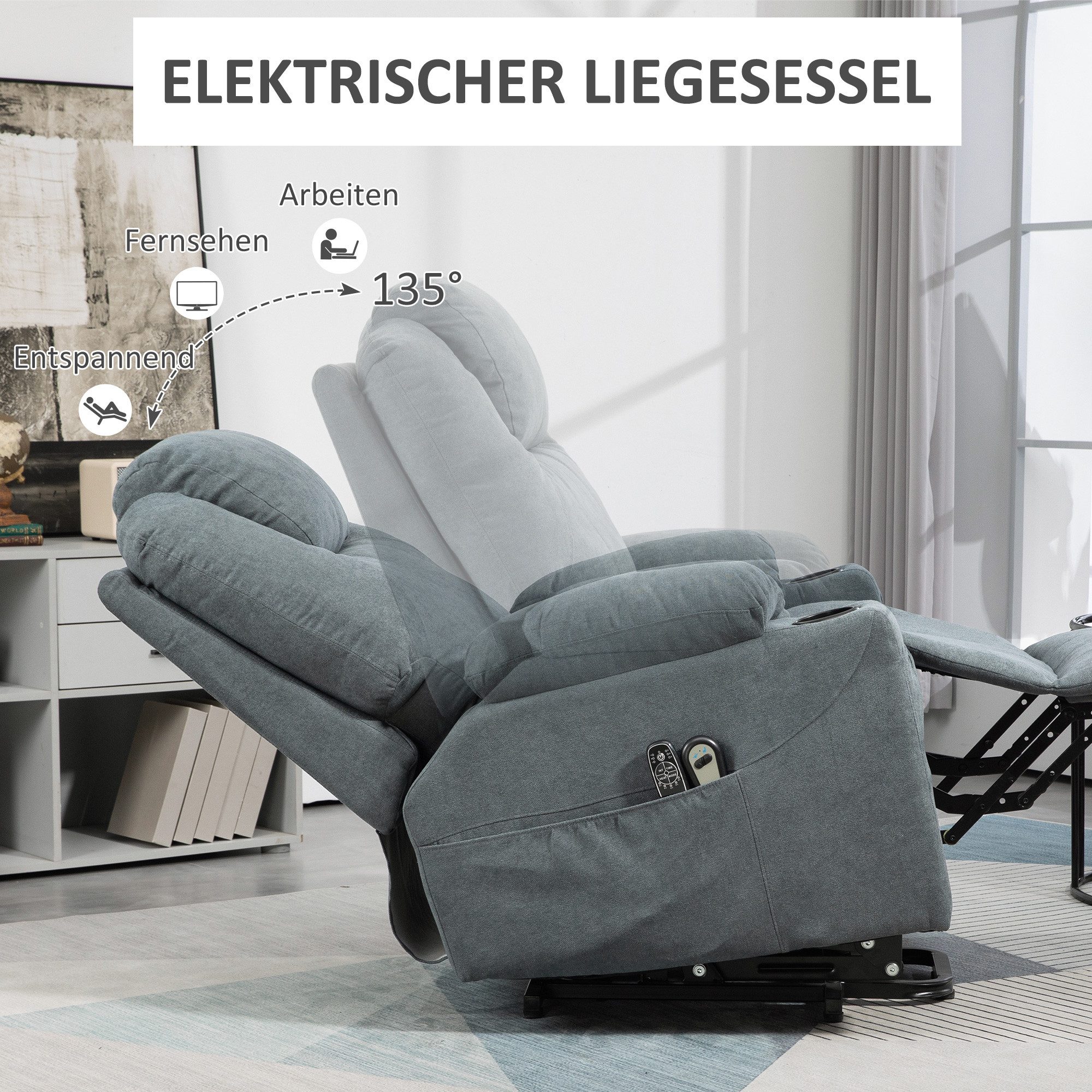 HOMCOM Massagesessel TV-Sessel mit Aufstehhilfe Elektrisch, Massagefunktion, Heizfunktion (Fernsehsessel mit Fernbedienung, 1-St., Relaxsessel mit Liegefunktion – Bild 5 von 5