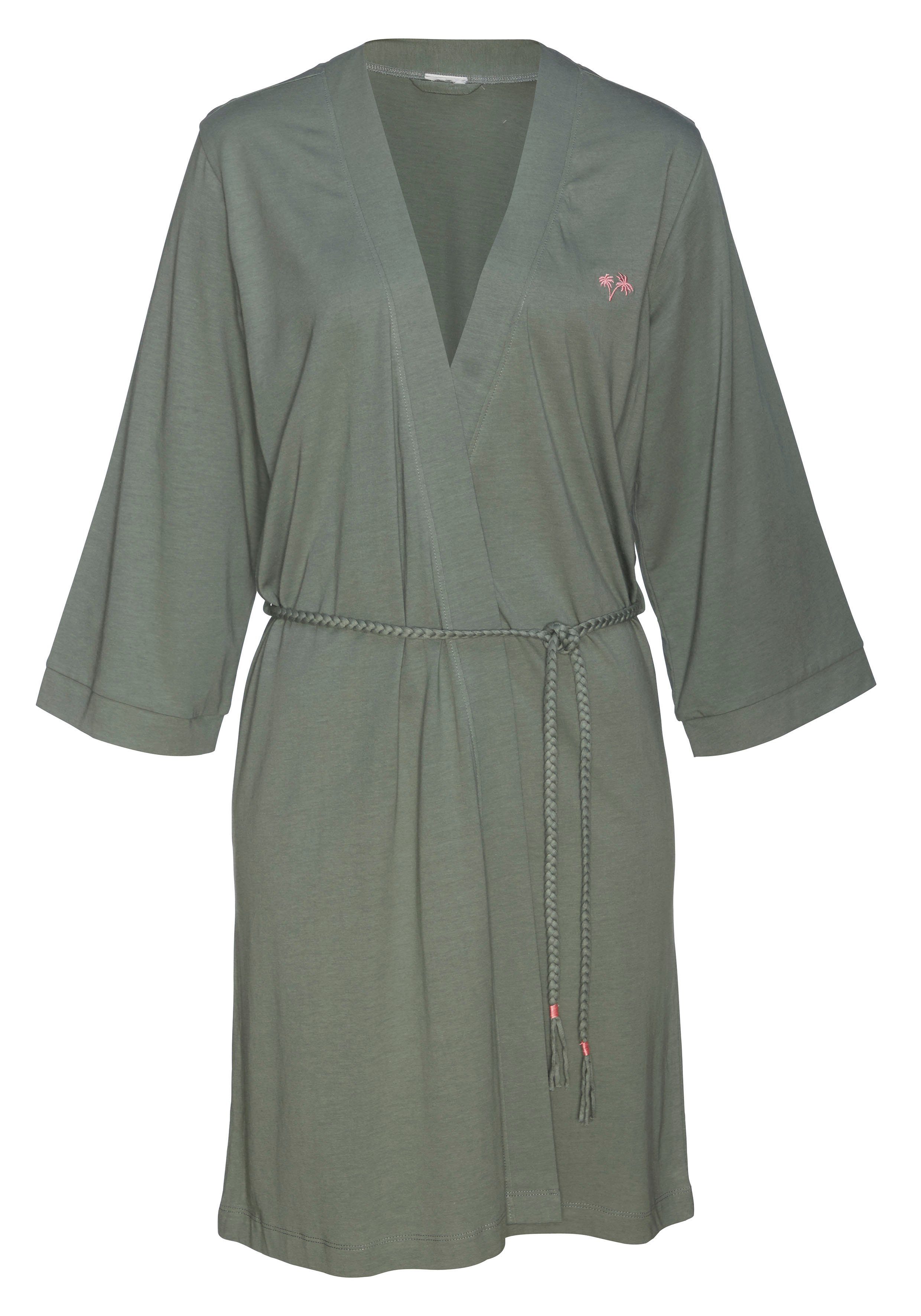 uni Kurzform, Kimono, Gürtel, Baumwoll-Mix, mit khaki Dreams oder Vivance floralem Druck Kimono-Kragen,