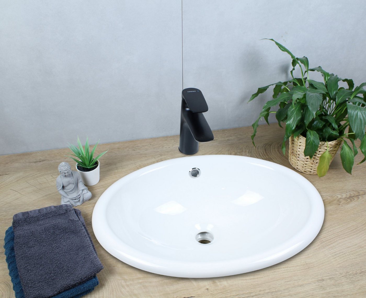 Thumbnail - HAGO Aufsatzwaschbecken Keramik Waschbecken oval 490x405x195 mm weiß mit Überlauf Einbauwaschb