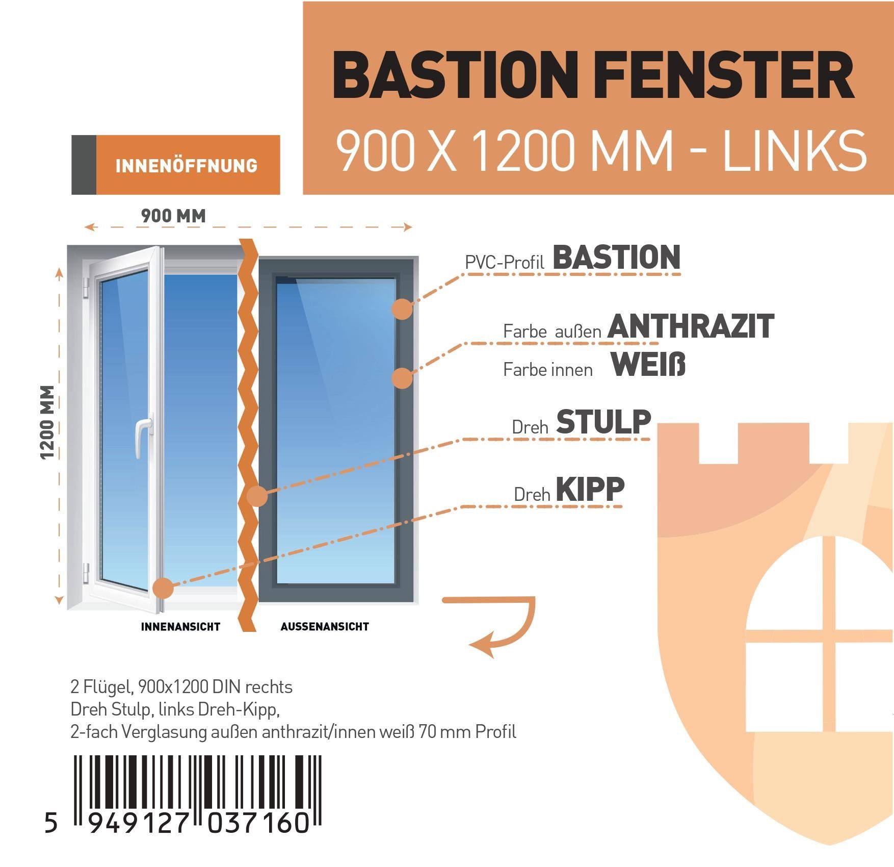 Flügel, Profil, DECO außen 2 SN Kunststofffenster anthrazit/innen 70 Sicherheitsbeschlag, RC2 Fenster, Hochwertiges (Set), 900x1200, 5-Kammer-Profil mm GROUP weiß,