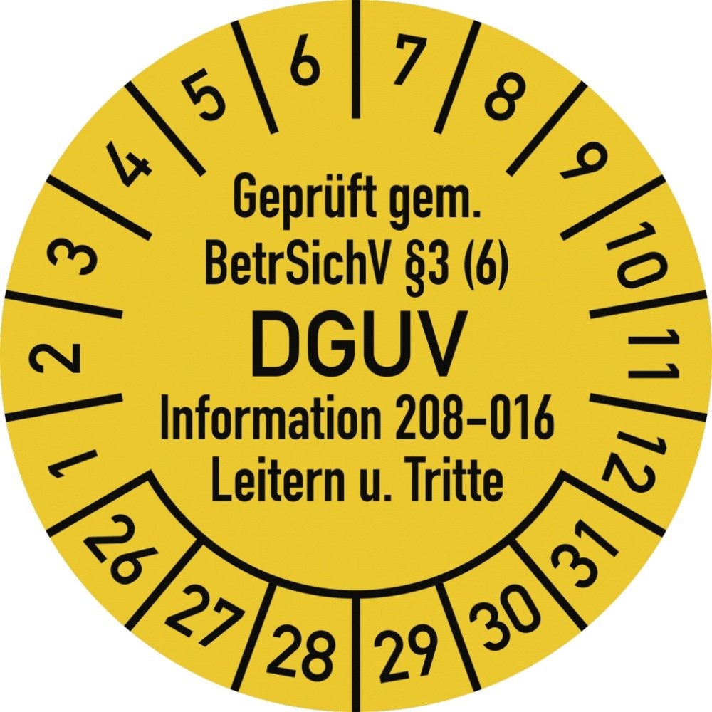 Hinweisschild Prüfplakette Geprüft...BetrSichV...DGUV, 2026-2031, Folie, Ø 30 mm, 10
