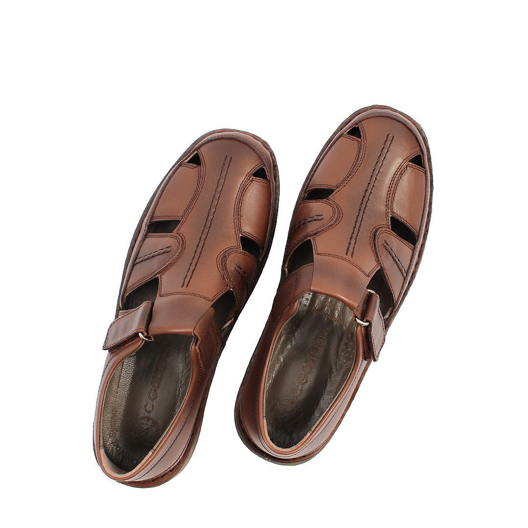 Celal Gültekin Herren Nubukleder Fischer-Sandalen mit Klettverschluss Sandalette Braunes Nubukleder, Klettverschluss, leichte Polyurethan-Sohle