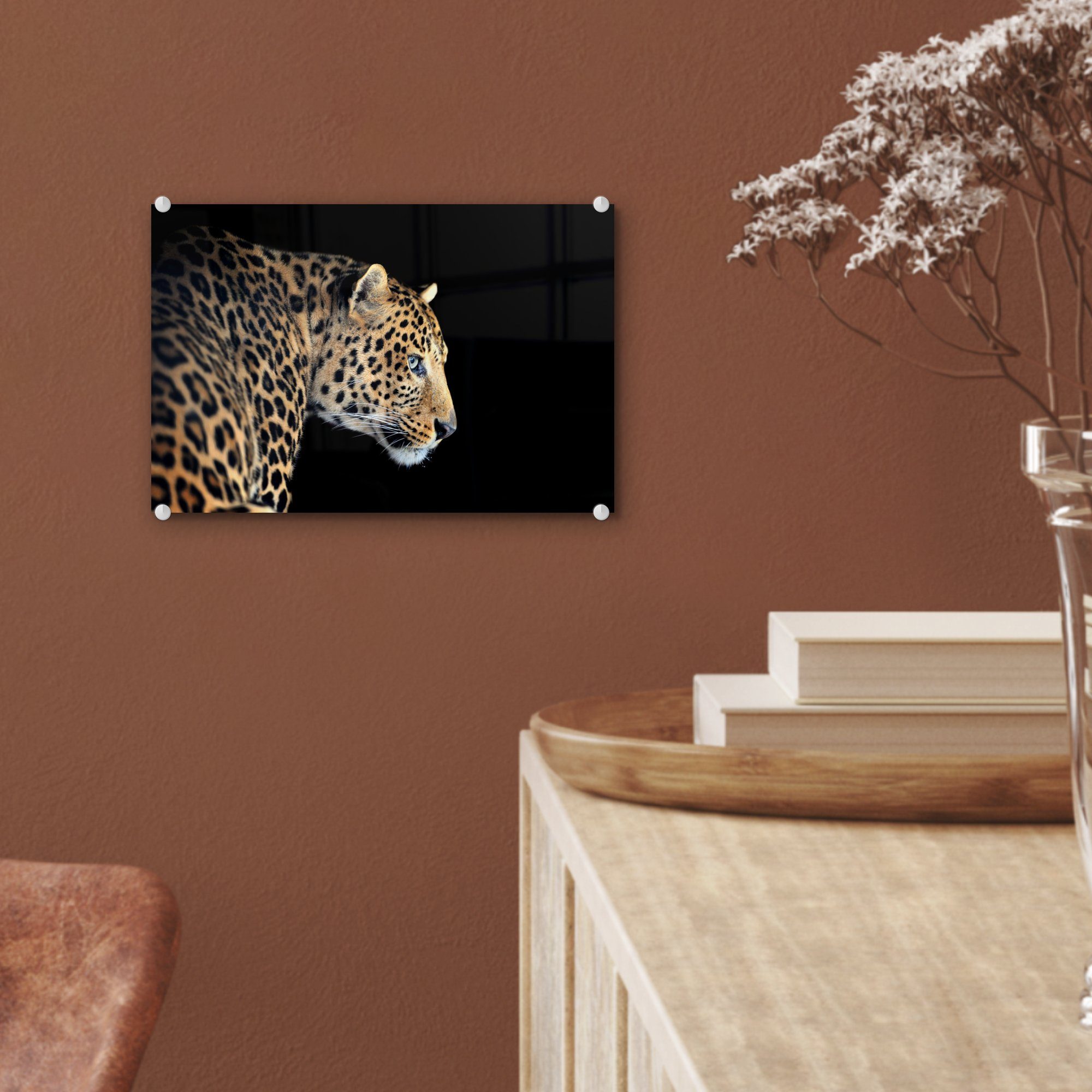 Leopard MuchoWow Profil - Foto - Wanddekoration Bilder Glasbilder - Schwarz, (1 - Wandbild Glas auf - St), Glas Acrylglasbild auf