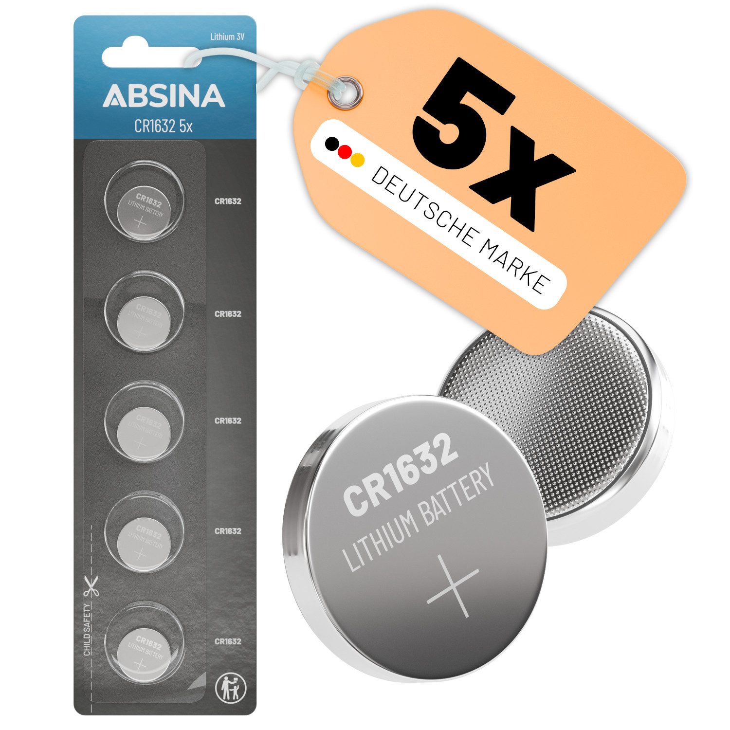 ABSINA CR1632 3V Lithium Knopfzelle 5er Pack - Batterien für Autoschlüssel Knopfzelle, (1 St)