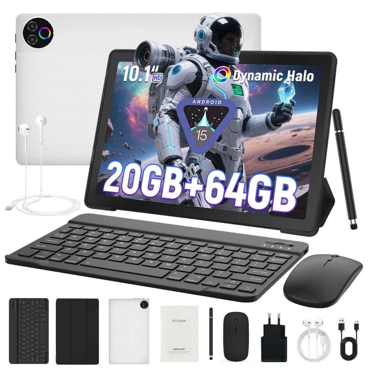 BUFO 10,1'' Android 15 5-Kern-Prozessor 64GB mit Tastatur Stift Maus Hülle Tablet (10", 64 GB, Android, WiFI 6, HD IPS, 20(3+17)GB RAM, mit Tastatur/Stift/Maus/Hülle/Kopfhörer)