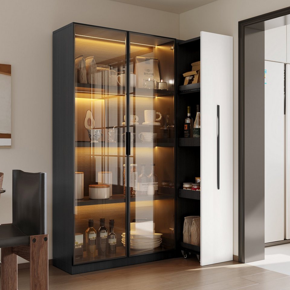 Flieks Glasvitrine Multifunktionsschrank mit LED, Glastüren und großen Seitenschubladen (Maße: B110,5/T35/H160 cm, 1-St., Schrank für Wohnzimmer, Schlafzimmer, Arbeitszimmer und Esszimmer) Hochschrank mit Rollregal Bücherregal Standvitrine Schwarz&Weiß