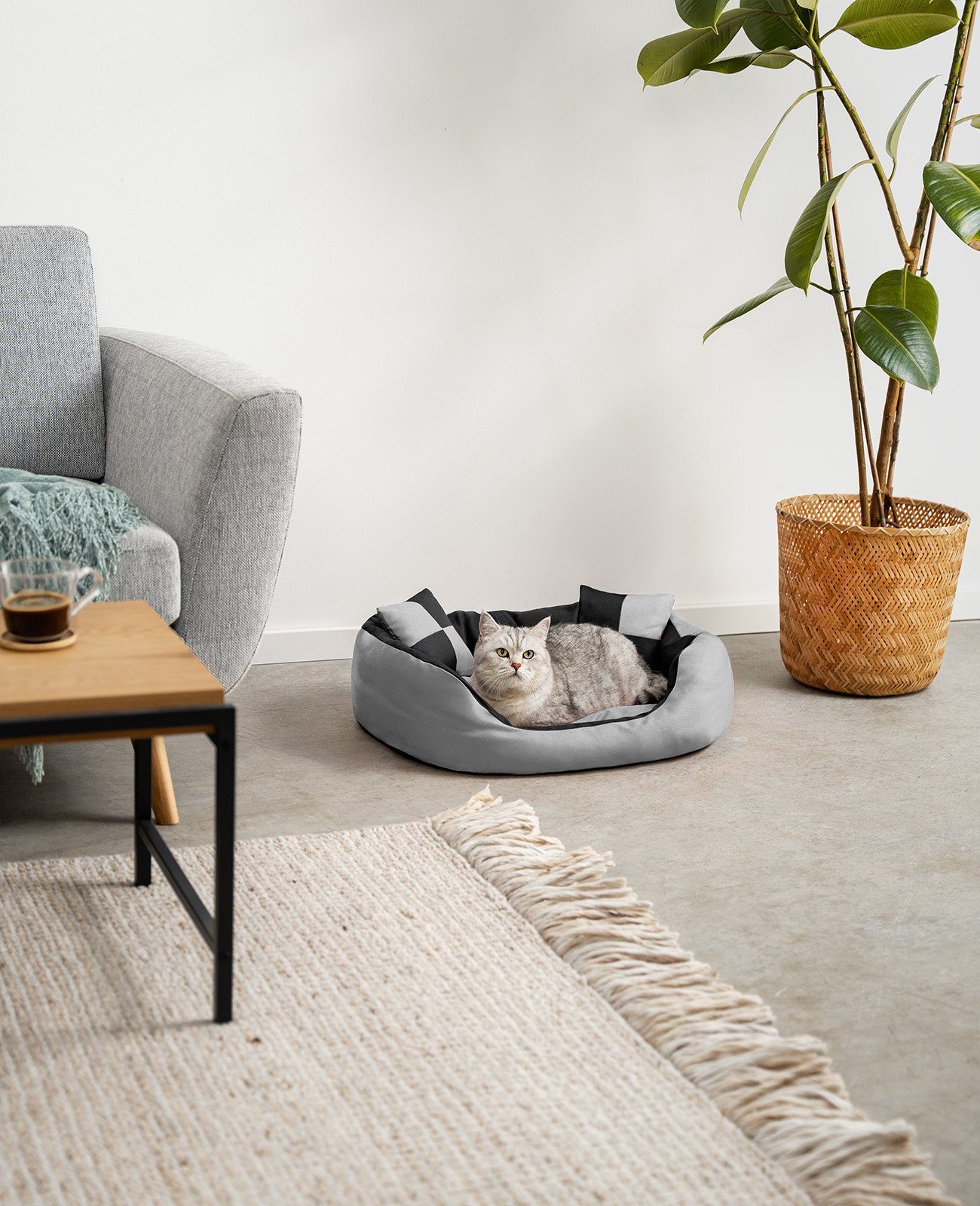 lionto Tierkissen, Wendekörbchen 4-in-1 Heimtierbett, 65x50 cm, grau/schwarz, Textil wasserabweisend, mit Wendekissen, kratzfest & pflegeleicht