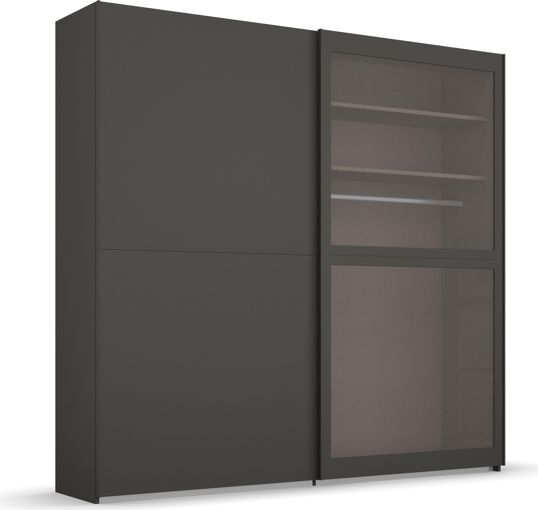 rauch Schwebetürenschrank Kleiderschrank Schrank Garderobe Schlafzimmerschrank LUMIS (inkl. umfangreichem Zubehör) mit Glasrahmentüren aus transparentem Grauglas MADE IN GERMANY