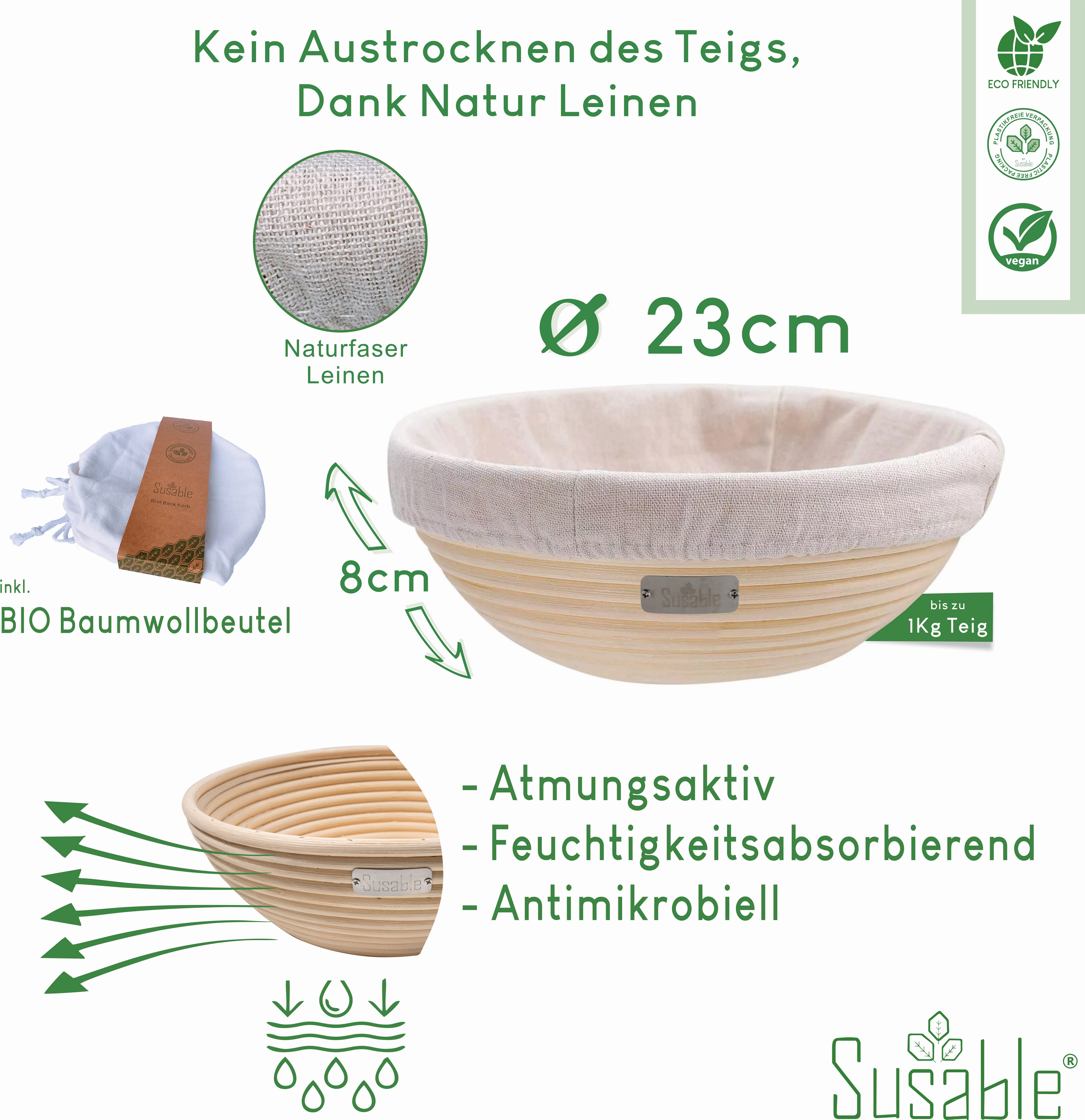 Gärkorb Teig Rund - Mit (1-tlg) - Leineneinsatz Rattan-Brotkorb Für Brotform, - 1Kg Susable
