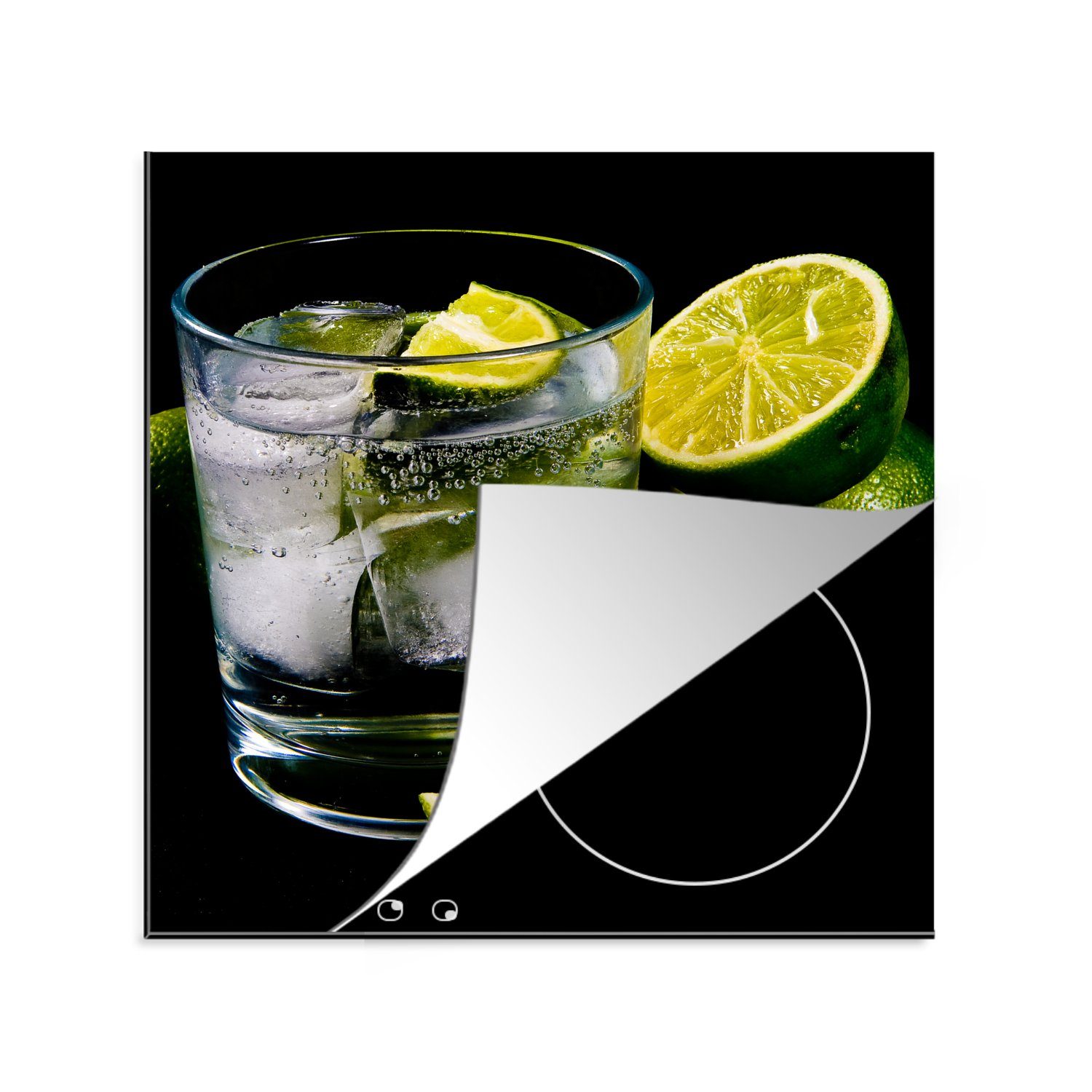 MuchoWow Herdblende-/Abdeckplatte Glas Gin Tonic auf Eis, umgeben von Limetten, Vinyl, (1 tlg), 78x78 cm, Ceranfeldabdeckung, Arbeitsplatte für küche