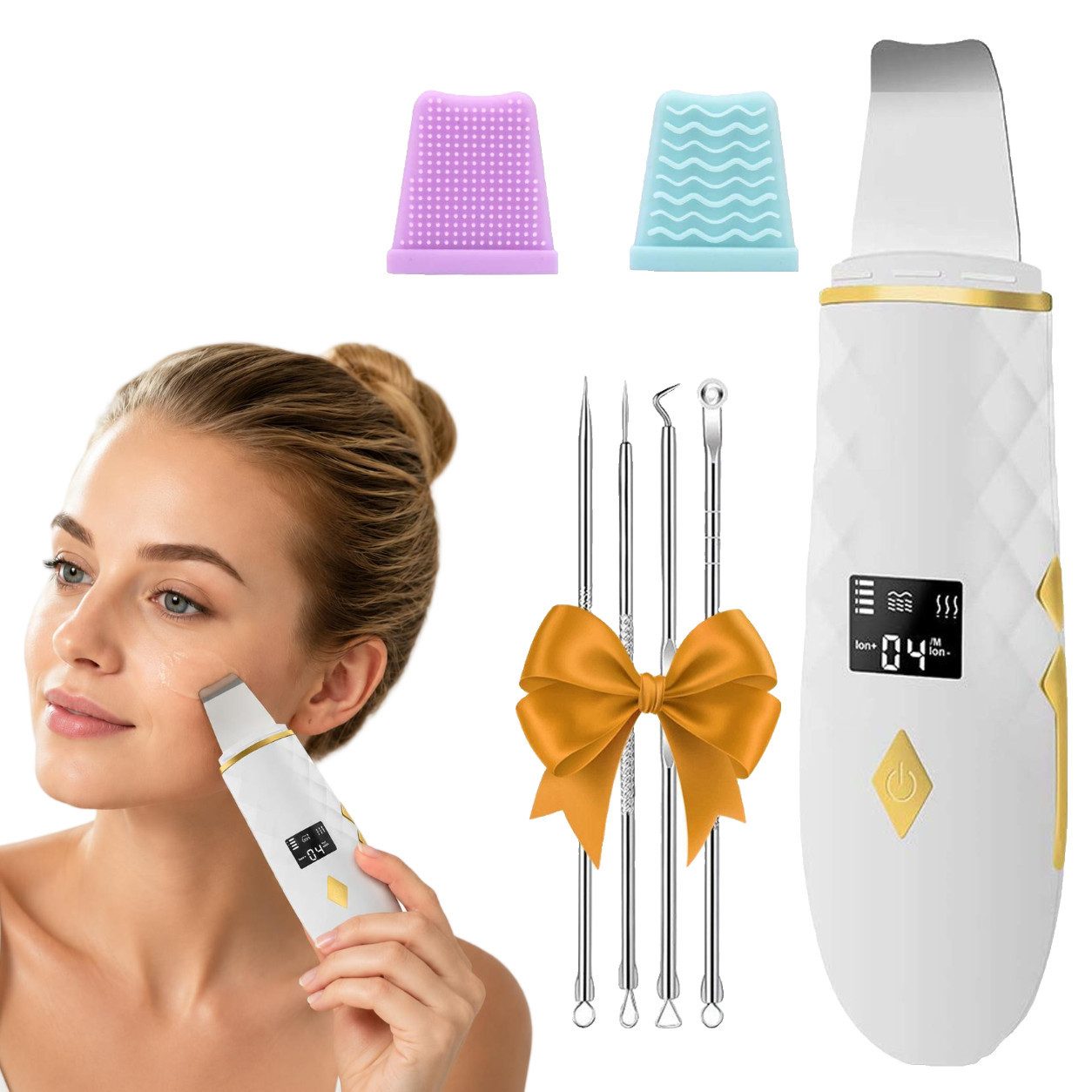 Toomoke Dermaroller Ultraschallpeelinggerät, Gesichtsspatel Tiefenreinigung 4 modi, Ultraschall-Peeling Porenreiniger Akne-Entferner Ionen Hautreiniger, Pickel und Akne Entferner set, Mikrodermabrasionsgerät