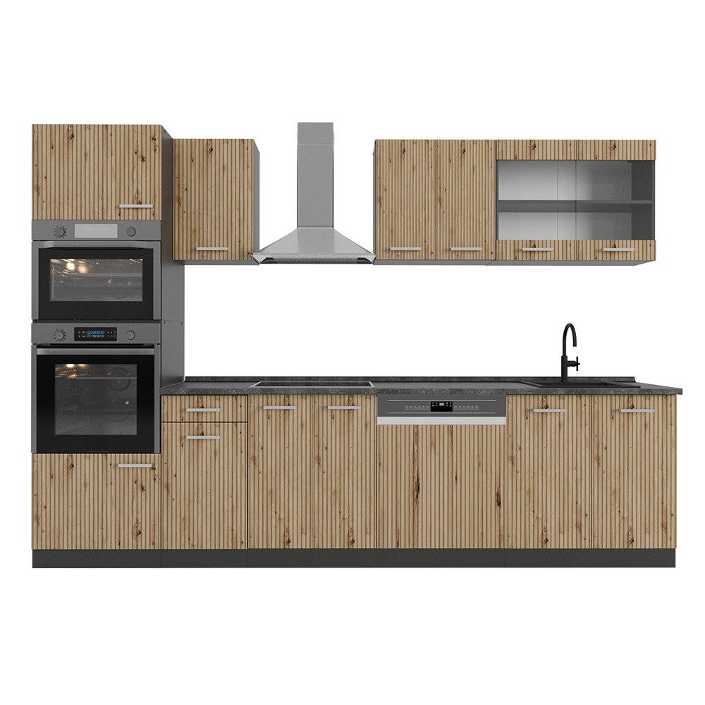 Vicco Küchenzeile R-Line, Artisan Eiche/Anthrazit, 300 cm mit Hochschrank, ohne Arbei...