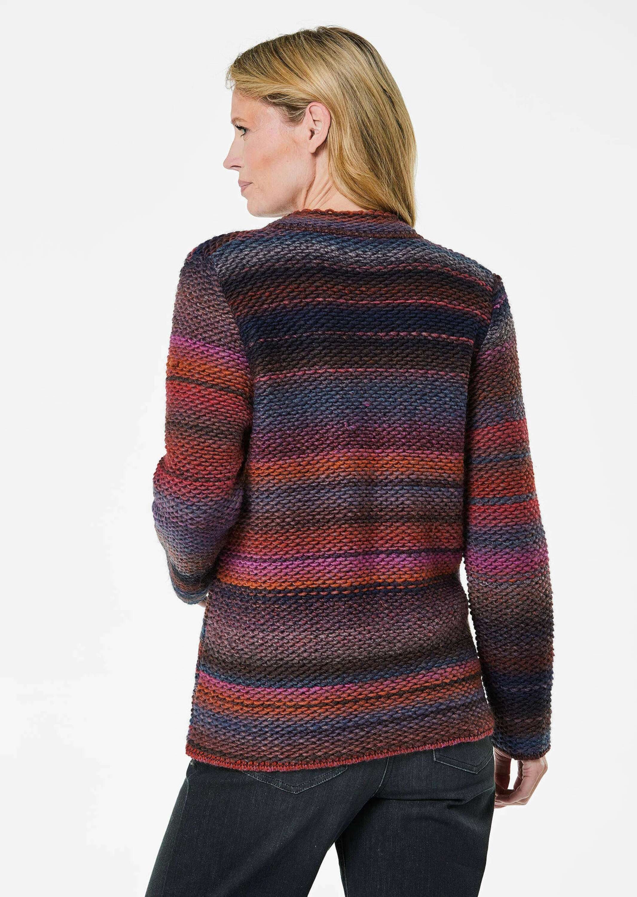 GOLDNER Strickjacke Kurzgröße: Multicolor Woll-Jacke mit Stehkragen Hüftlanger Schurwoll-Cardigan, Stehkragen, Knopfverschluss