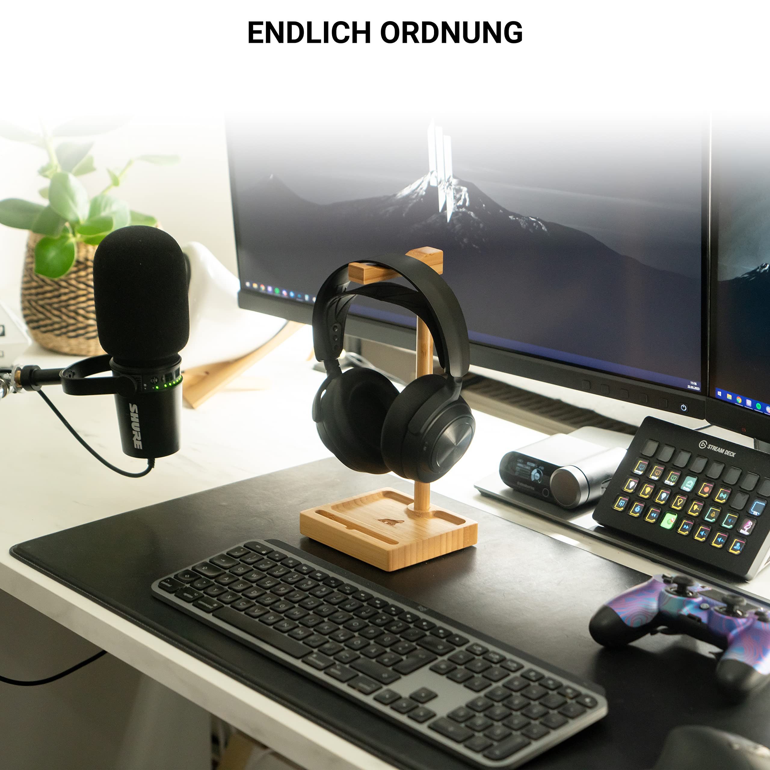 MyFatGorilla Kopfhörerständer aus Bambus, Kopfhörer Halter mit Smartphone Ständer, Headset Ständer, (Headset Ständer mit Ablage, Headphone Stand aus Holz, Nachhaltiger Kopfhörerständer, Kopfhörerhalter)