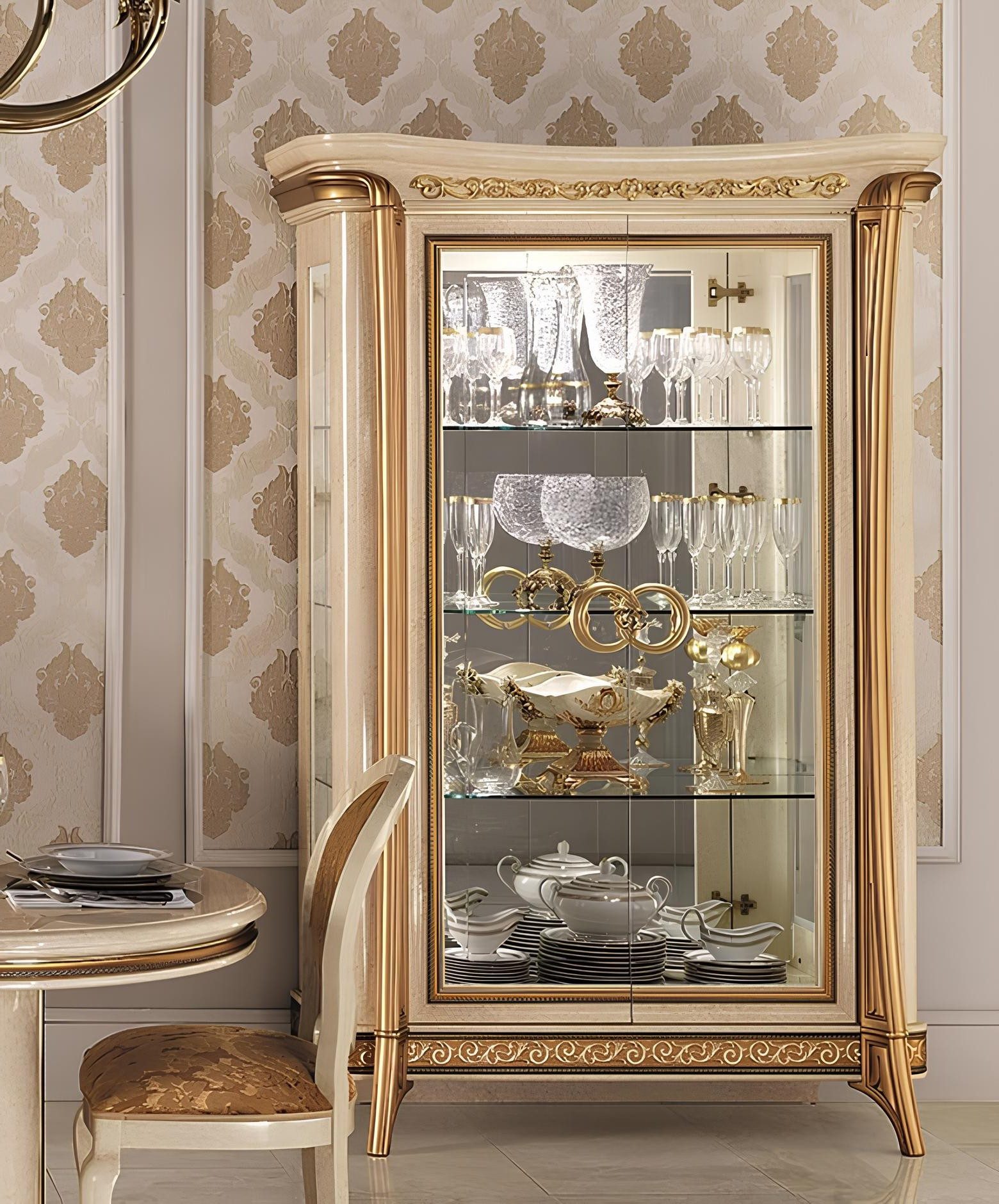 Xlmoebel Vitrine Glasschrank im Barockstil aus echtem Holz für Wohnzimmer (Glasschrank im Barockstil) Made in Europa