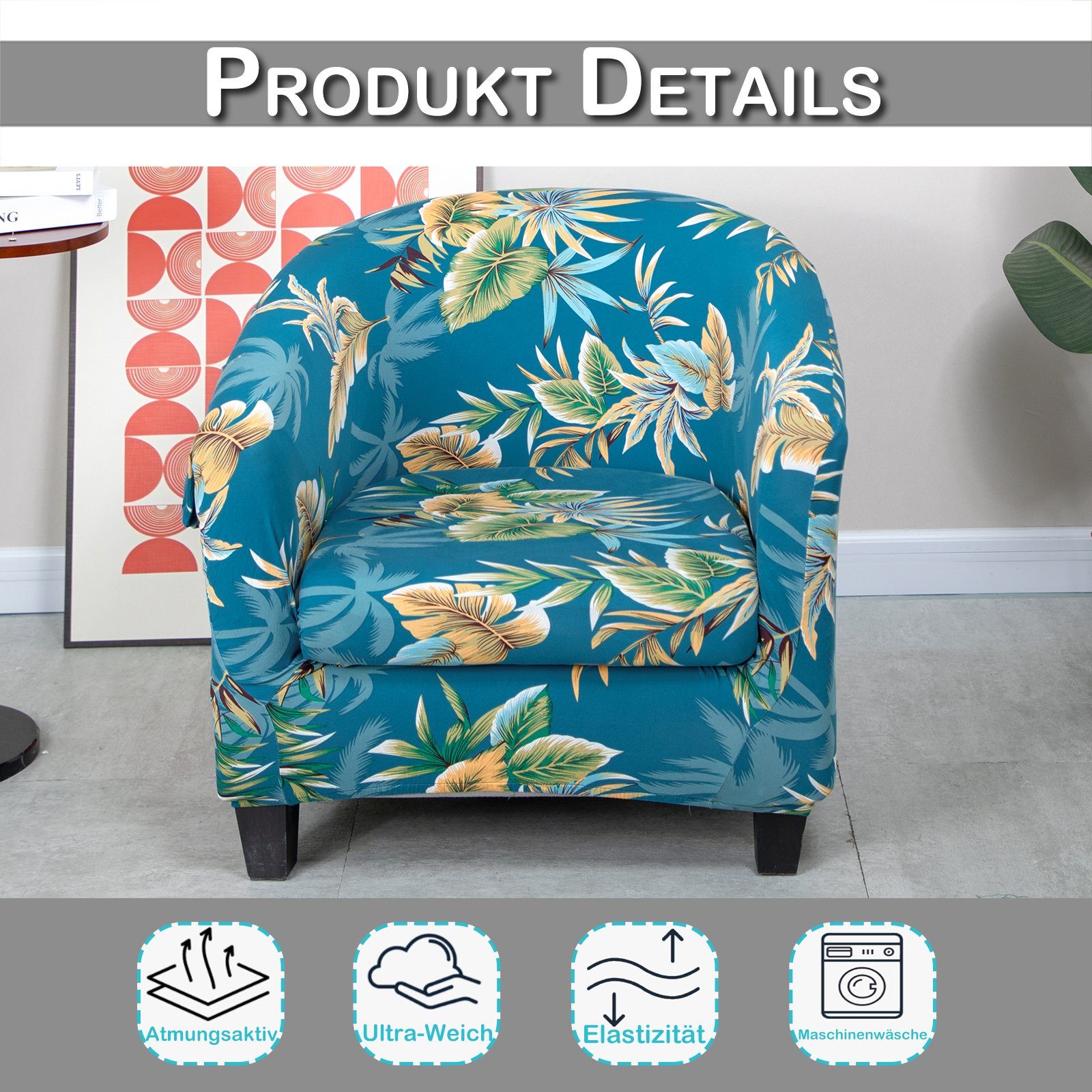 Sesselhusse Stretch, gedrucktes Barrel Muster, Rosnek, Chair Akzentstuhl Blau für Einzelsessel, florales geometrisches