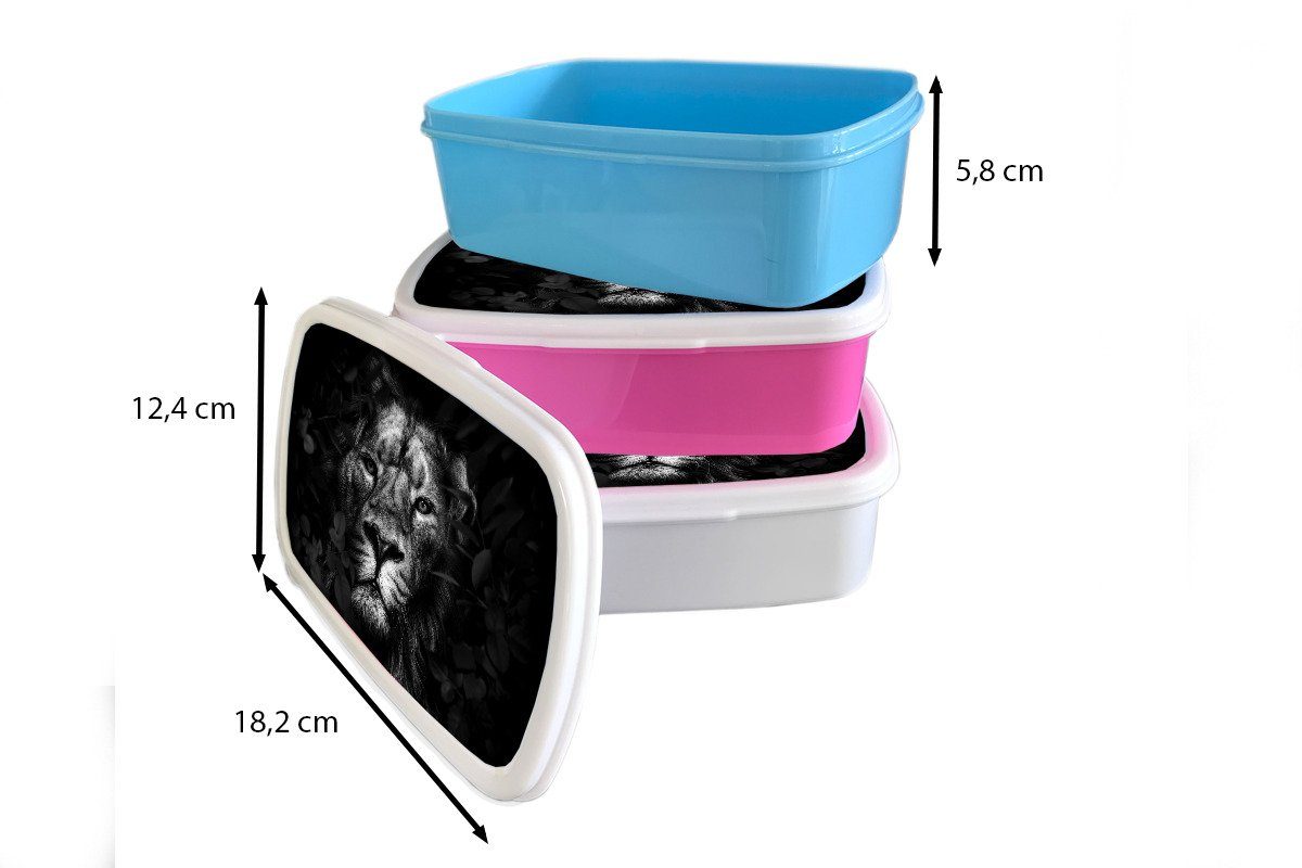 MuchoWow Lunchbox Löwe zwischen - im Kunststoff, rosa und weiß, schwarz Mädchen, Erwachsene, Kinder, Kunststoff für Dschungel Brotbox (2-tlg), den Blättern Snackbox, Brotdose