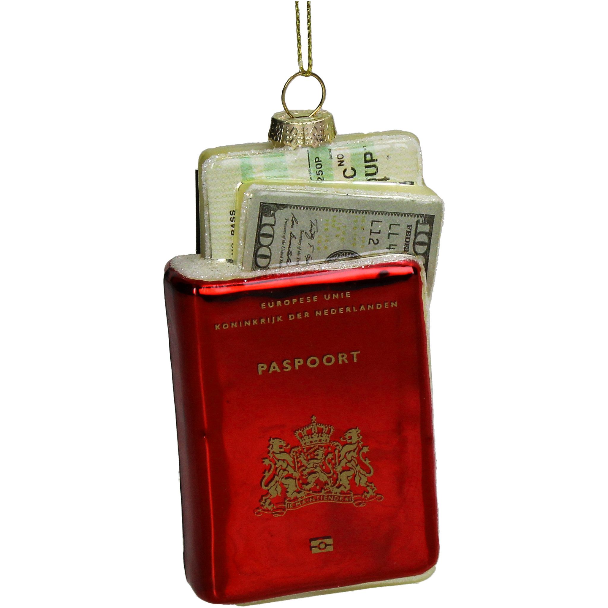 HD Collection Christbaumschmuck, Christbaumschmuck Glas 11,5cm Reisepass mit Geldscheinen Figur Rot