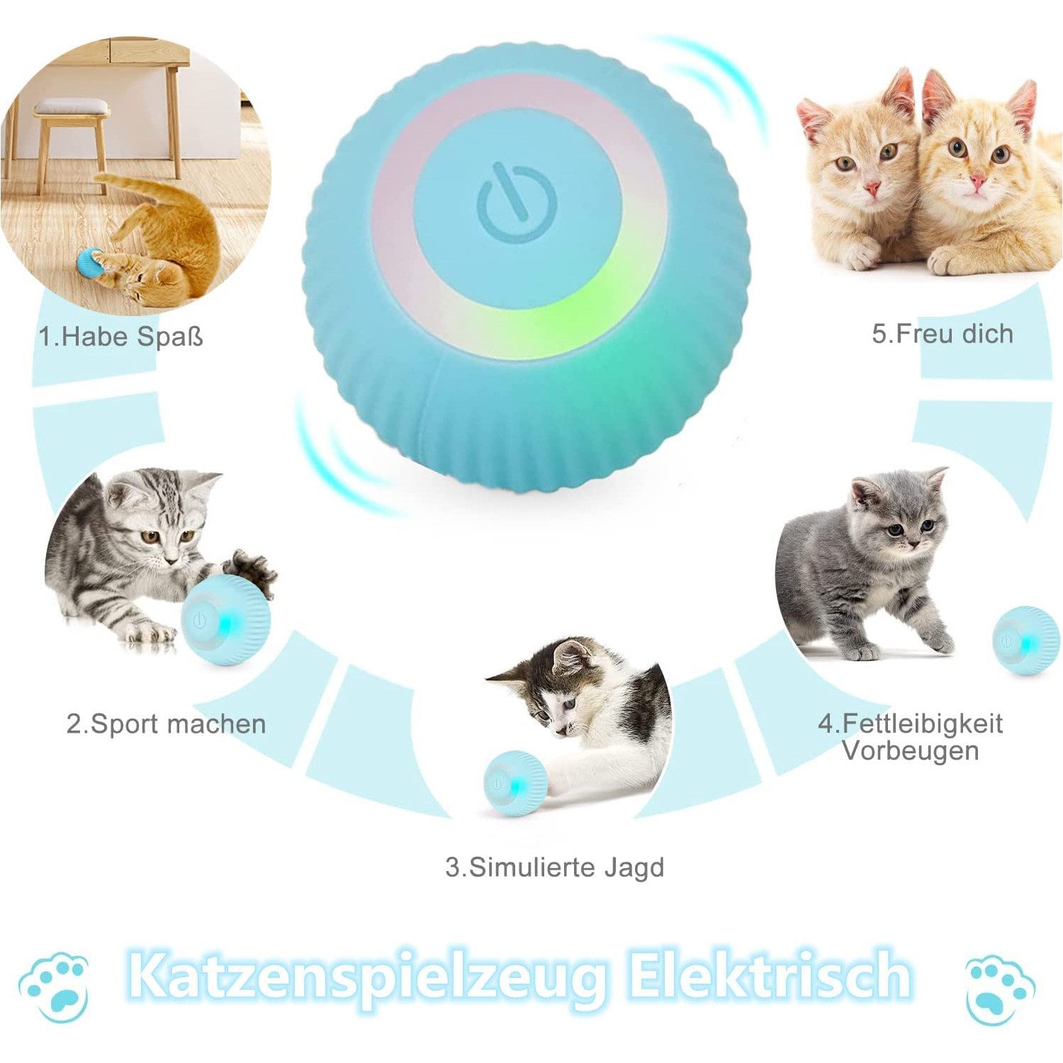 TUWENA Tier-Beschäftigungsspielzeug Katzenspielzeug, mit LED-Licht,360° Selbstdrehender Ball
