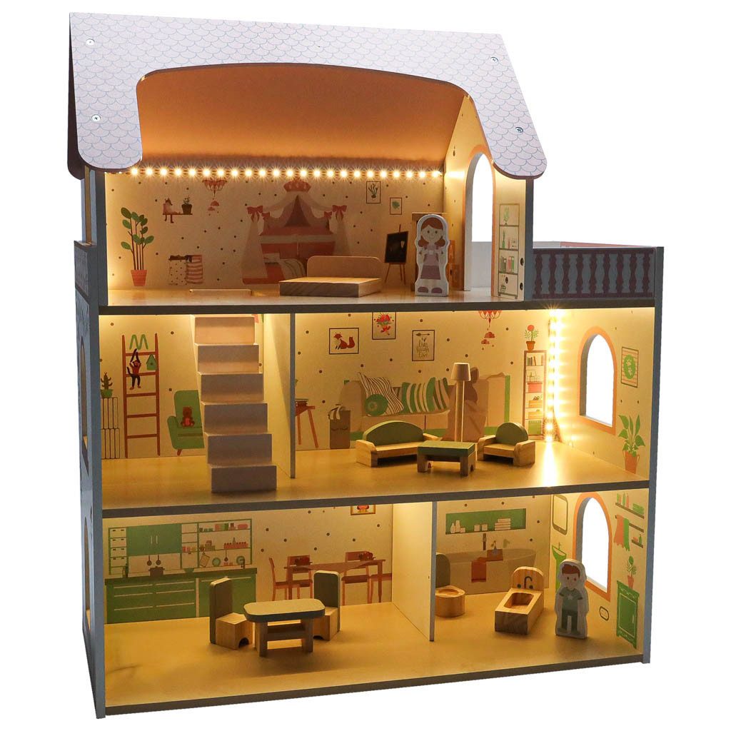 Ikonka Puppenhaus Holzpuppenhaus 70 cm mit LED Beleuchtung Balkon Möbelset Kinder, (Holzpuppenhaus mit LED Beleuchtung Balkon Möbel und Figuren, Puppenhaus mit Möbeln Figuren LED Licht Balkon für Kinder), LED Beleuchtung Balkon Möbelset Spielfiguren MDF Konstruktion