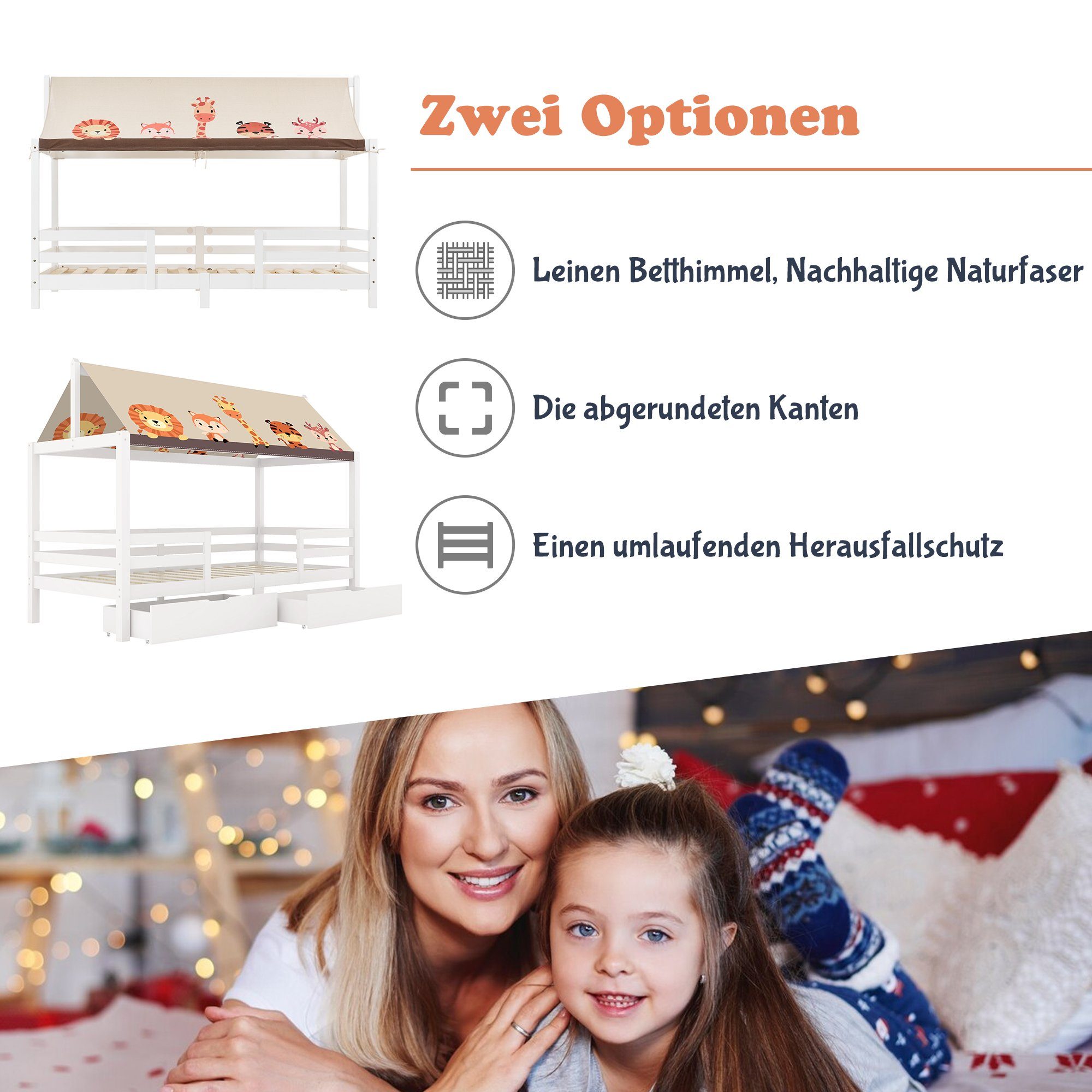 Kinderbett (Jugendbett Einzelbett mit Rausfallschutz), Hausbett mit Lattenrost und Dach, aus Kieferholz, 90*200 cm