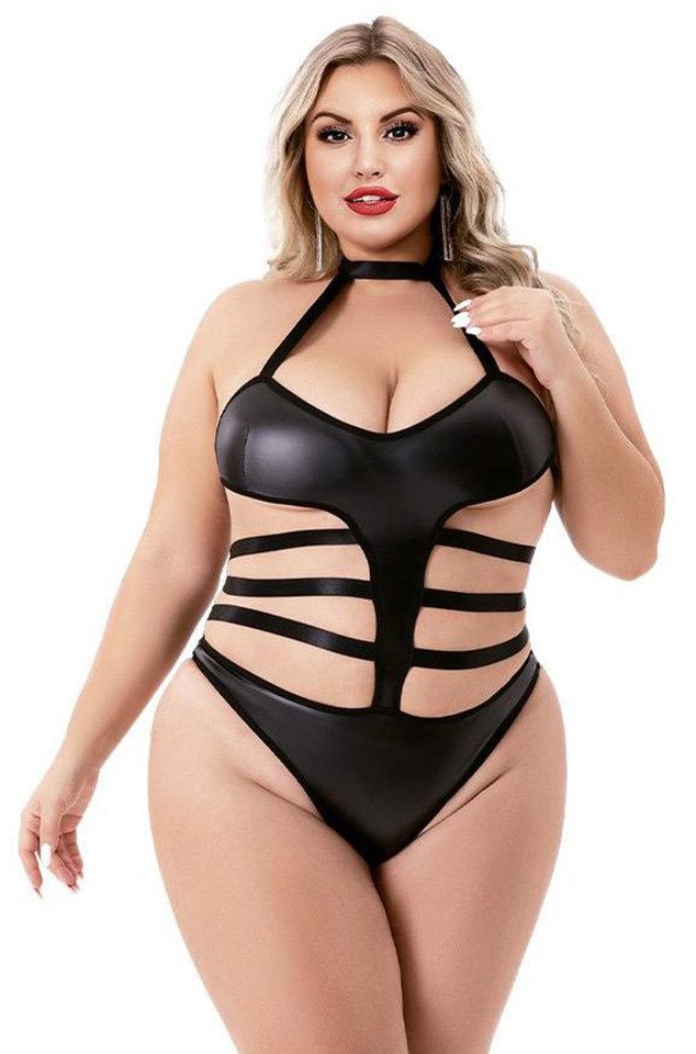 Baci Lingerie Body Halter Top Wetlook Body Schwarz – Plus Size (1-tlg) figurbetonte Passform, glänzende Oberfläche