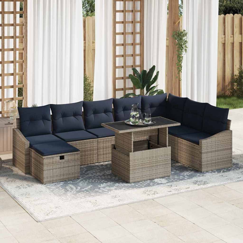 vidaXL Gartenlounge-Set Gartensofa-set mit Kissen 9 pcs Grau Poly-Rattan, (9-tlg)