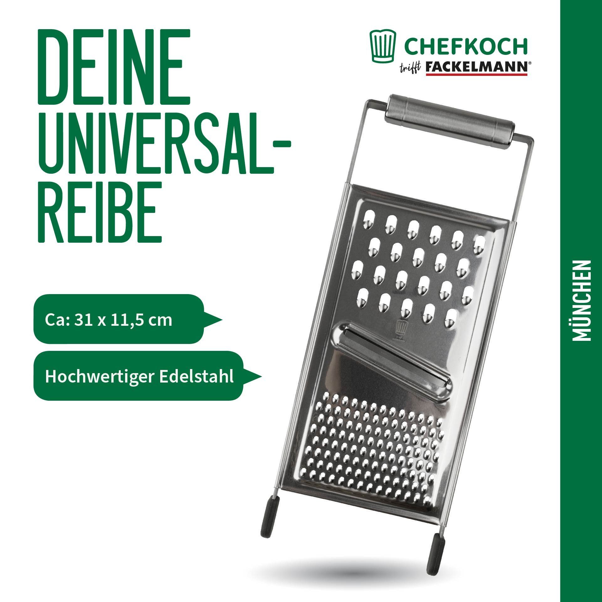 Chefkoch trifft Fackelmann Multireibe Universalreibe – Multifunktionsreibe, Küchenhelfer, Edelstahlreibe