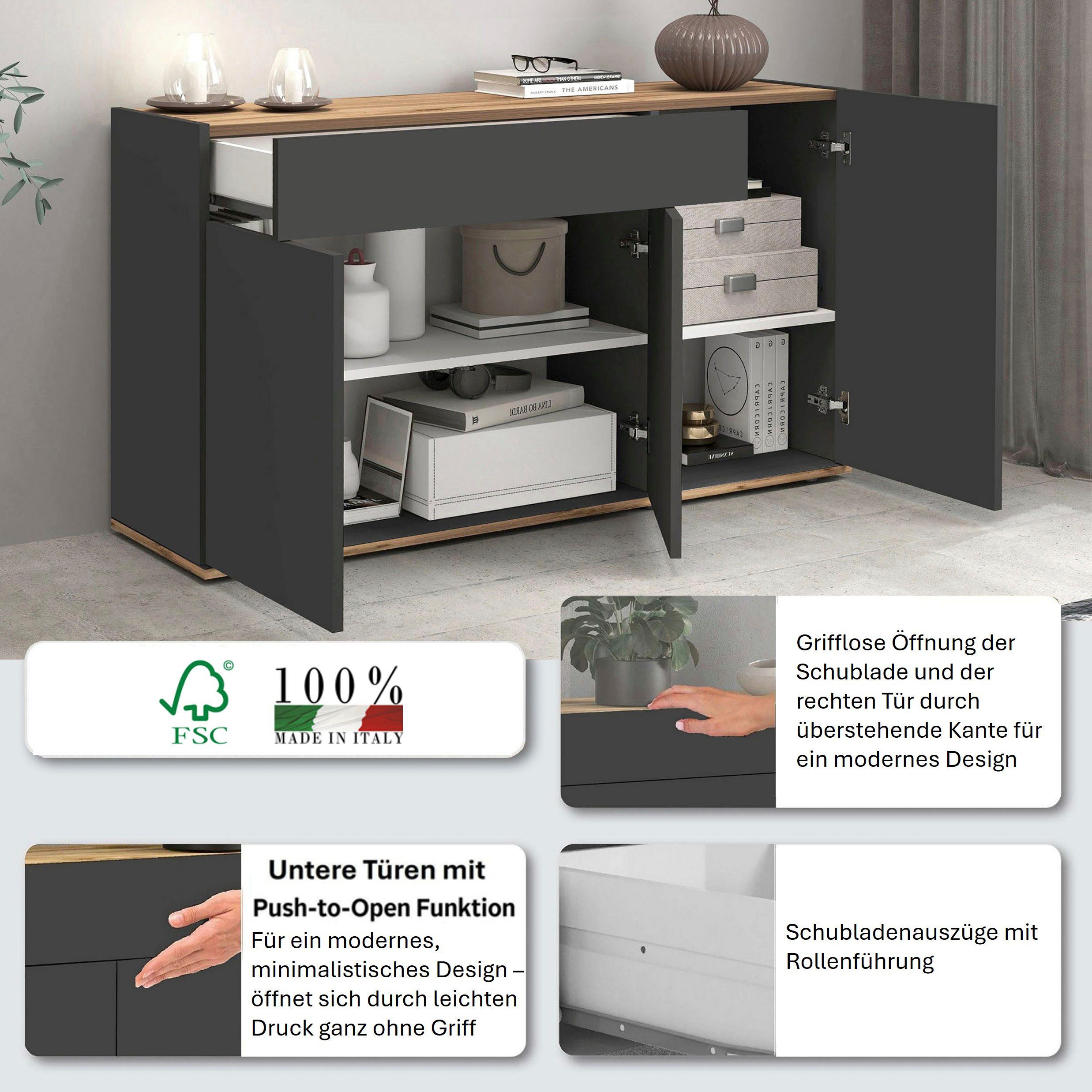 OTTO home Sideboard Garda, Kommode, Schrank, 3 Türen, 1 Schublade, Made in Italy, 3 Türen, 1 Schublade, grifflos Breite 120,1 cm, anthrazit/eiche matt