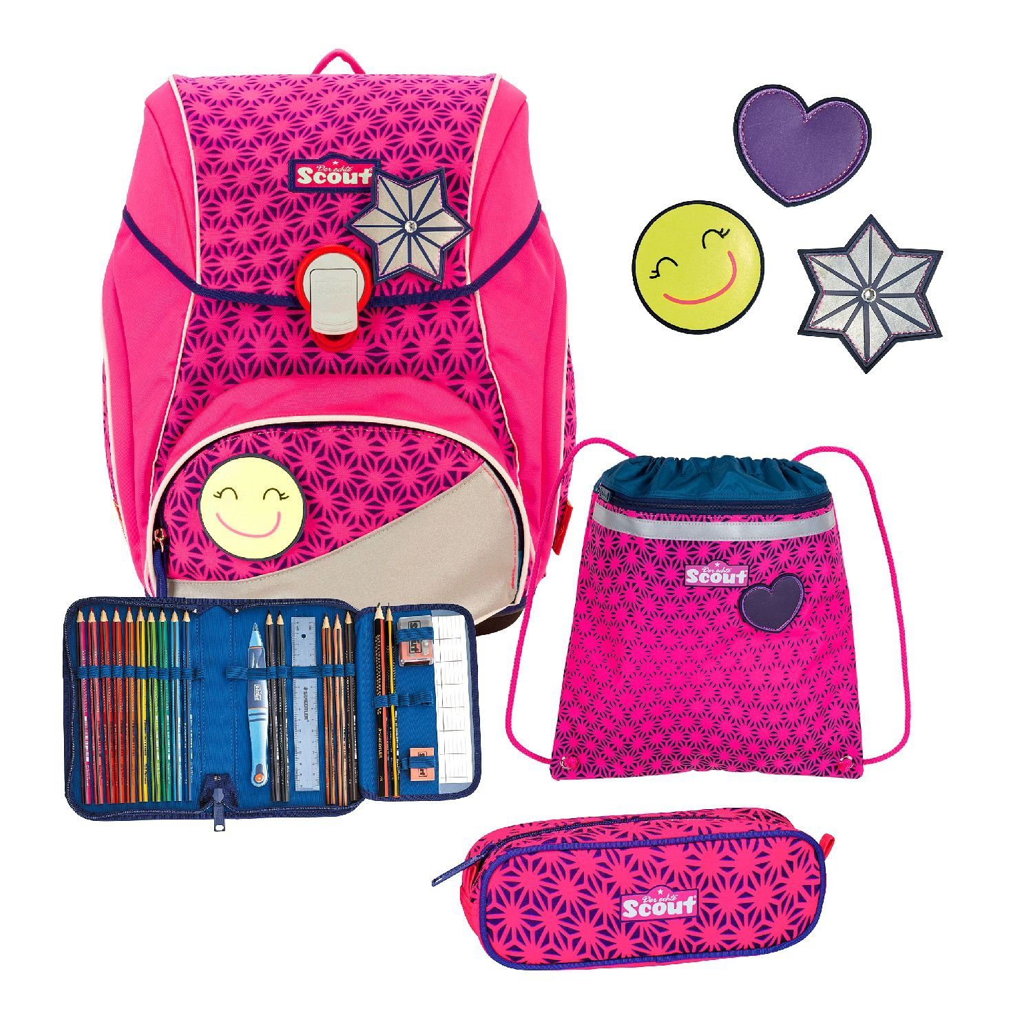 Scout Ранцы Ранцы-Set 5-tlg. ALPHA DIN Neon Saftey Pink Glow (5-teilig), Ergonomisch, 1.-4. Klasse