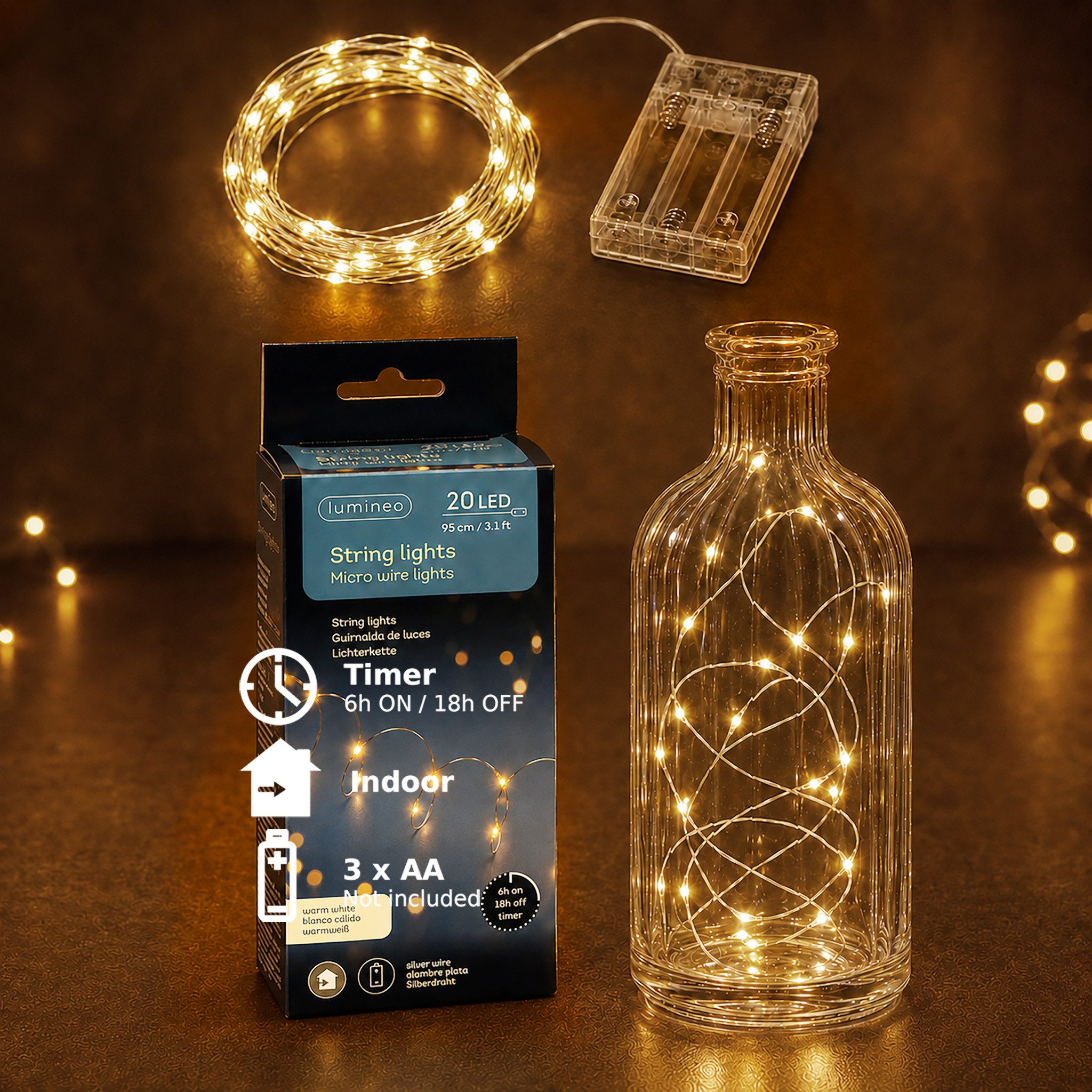 Lumineo LED-Lichterkette, LED Draht Lichterkette 95cm Batterie 20 Micro-LEDs Klassisch Warm