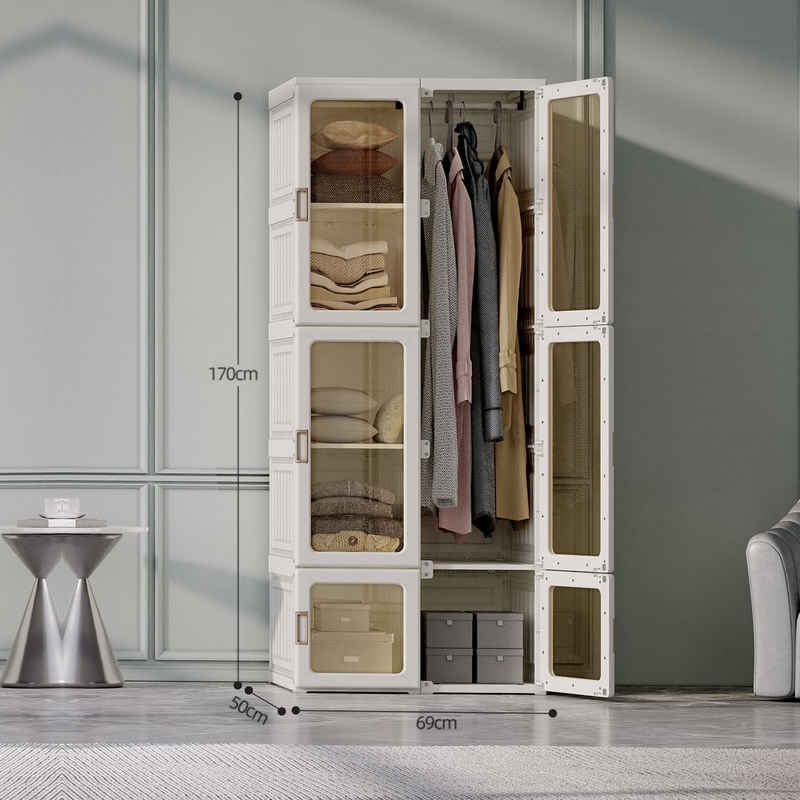 WISHDOR Kleiderschrank Kleiderschrank Faltschrank faltbare Garderobe Schlafzimmerschrank (mit Kleiderstange und 6 Türen) 170x69x50 cm, 590L, tiefere Fächer als normal, für Schlafzimmer, Weiß