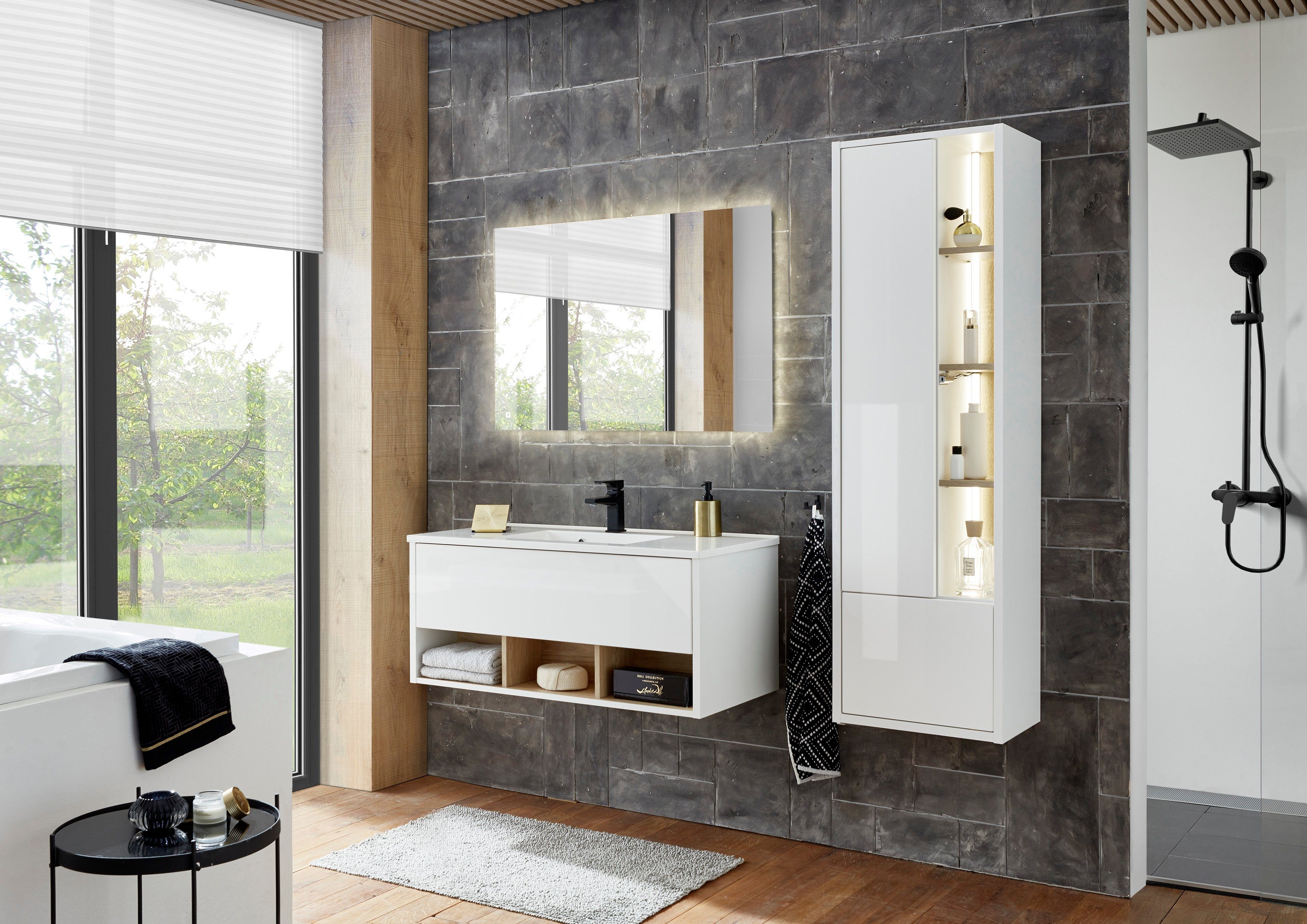 Home affaire Badmöbel-Set Studio Line, Bad im modernen Design, 3-teiliges Badezimmer, (3-St), Schrank, Waschtisch und Spiegel, in zwei Farben verfügbar, Stauraum