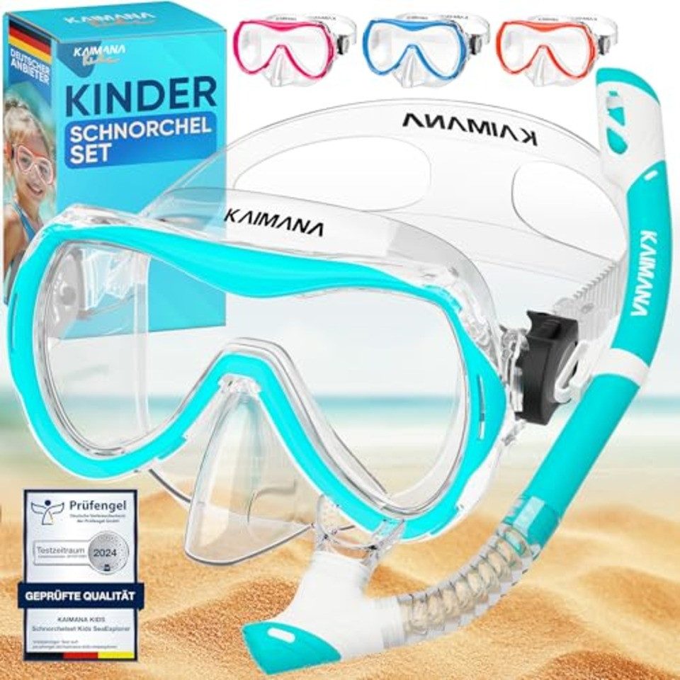 KAIMANA Tauchermaske SeaExplorer Schnorchelset Kinder inkl. Tragetasche, (Taucherbrille mit Schnorchel, Taucherbrille Kinder), Taucherbrille mit Stoffband/Silikonband