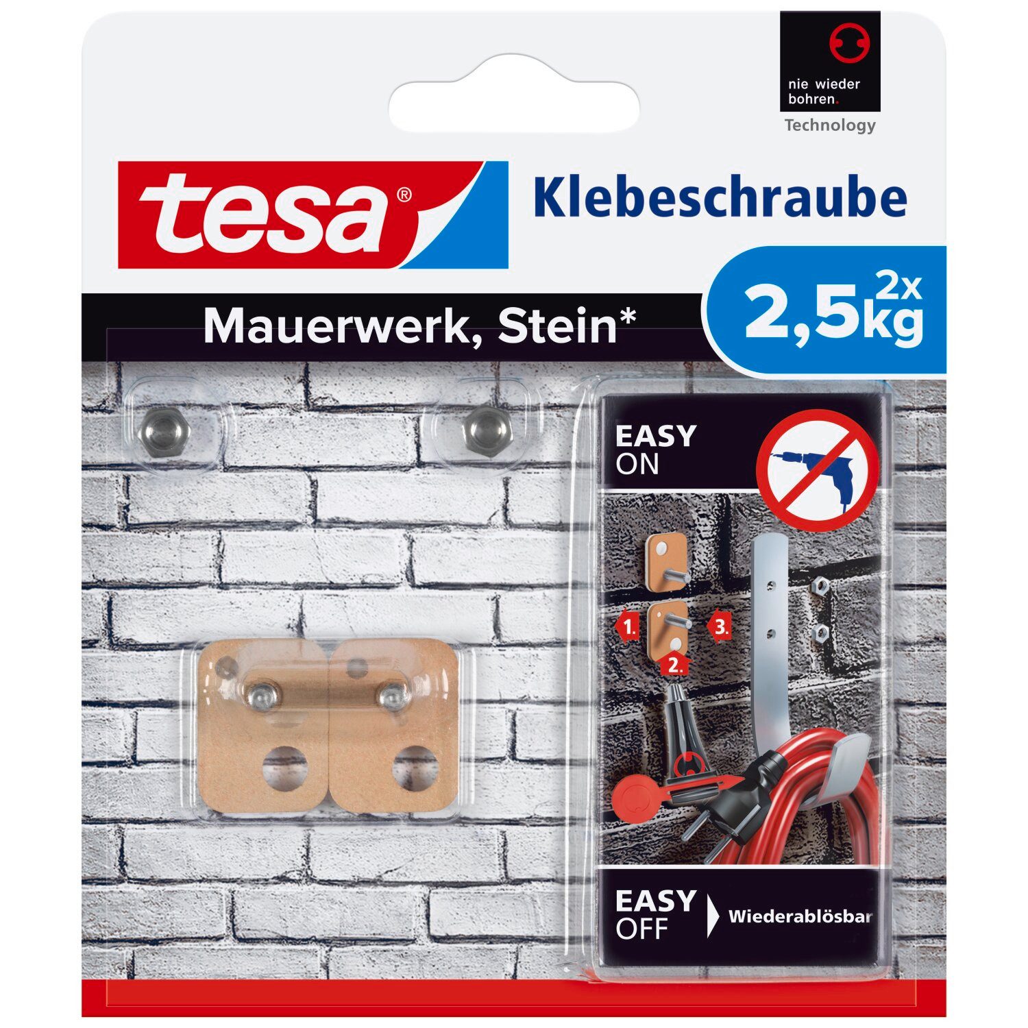 tesa Klebehaken 2x tesa Klebeschraube für Mauerwerk und Stein, Halteleistung 2,5 kg, Dekoration, Bilder, Leinwände, Lichterketten, Girlanden, (Packung, 2-St., 2 Stück), Klebeschraube mit max. 2,5 kg Haltekraft - Mauerwerk & Stein