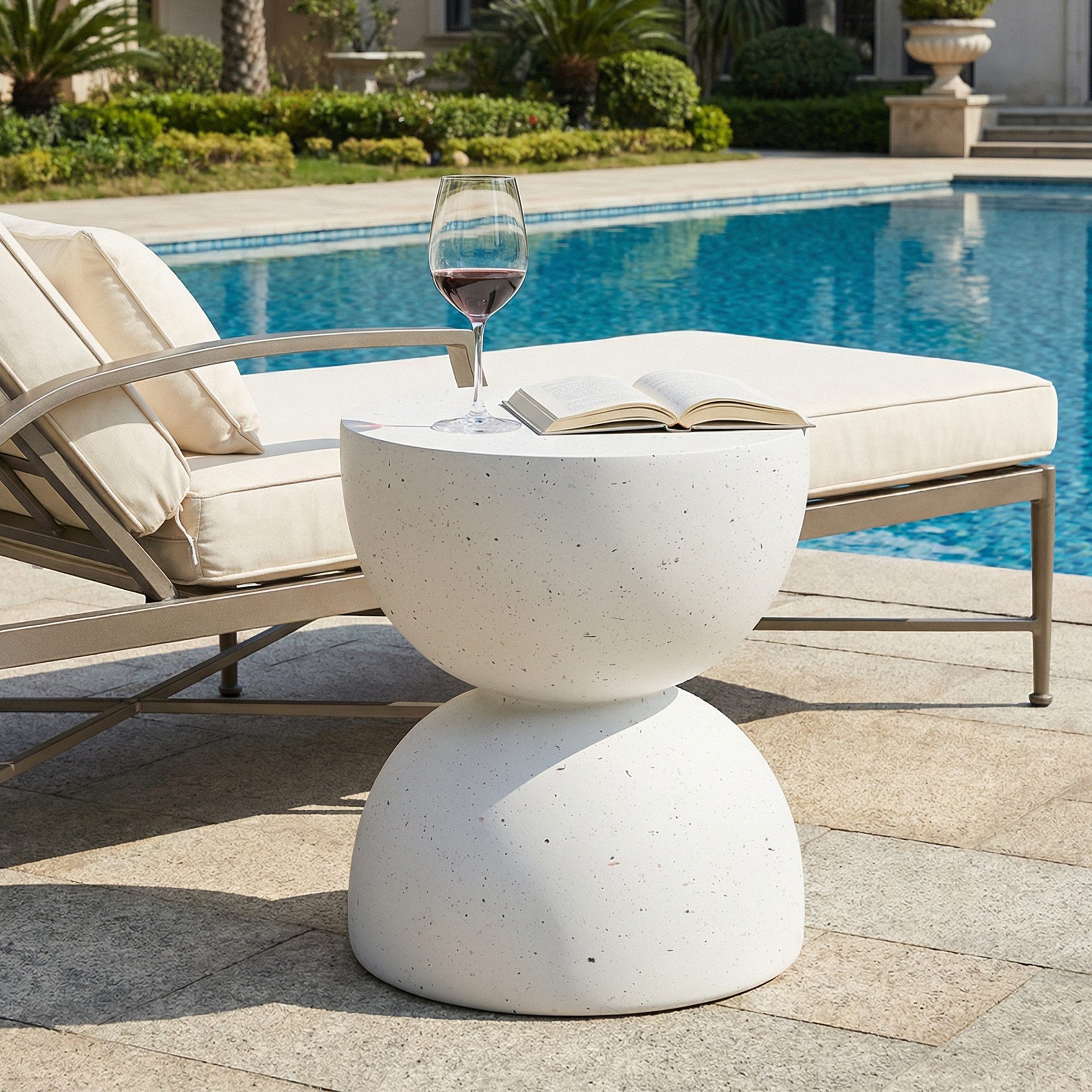 Flieks Gartentisch runder Beistelltisch Outdoor aus MgO, Terrazzo Weiß (B39,5/H45,5 cm, 1-St., 1 Tisch), Balkontisch Couchtisch Esstisch für den Innen- und Außenbereich