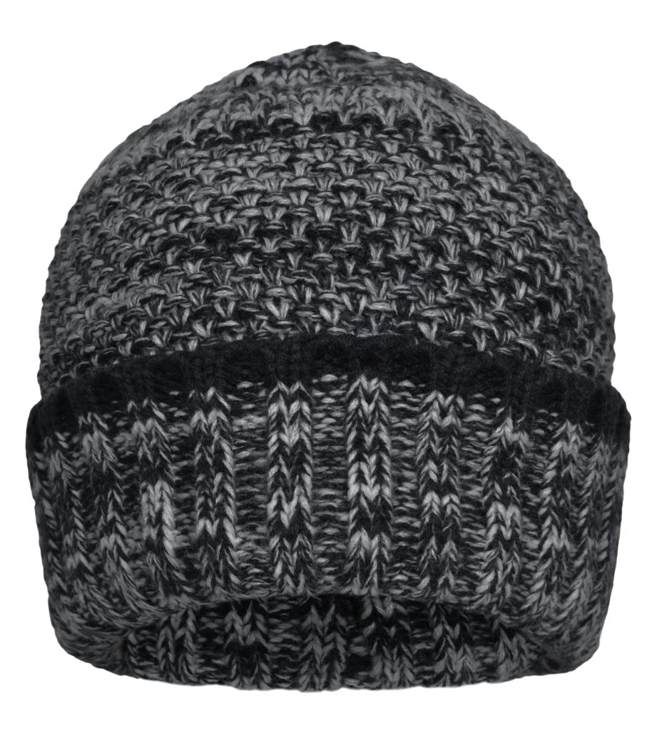 Myrtle Beach Strickmütze Melierte Mütze mit Umschlag in grober Strickoptik Beanie MB7114 Innenseite mit Fleeceband für einen angenehmen Tragekomfort coal-black/grey