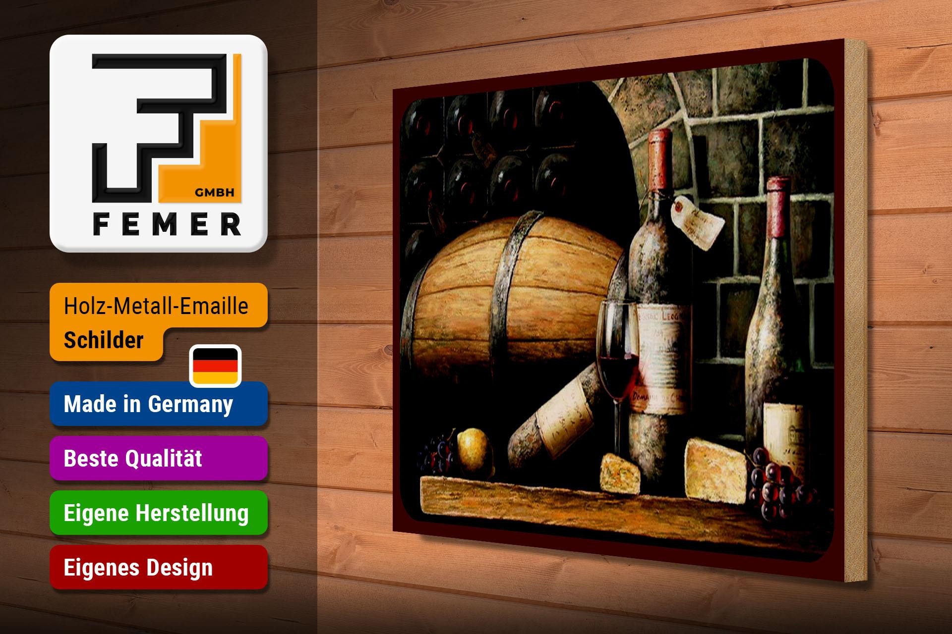 Femer GmbH Holzbild Retro 30x40 cm Rotwein Weinfass Weintrauben, (1 St), Glatte Holzfaserplatte (MDF), vorn beschichtet