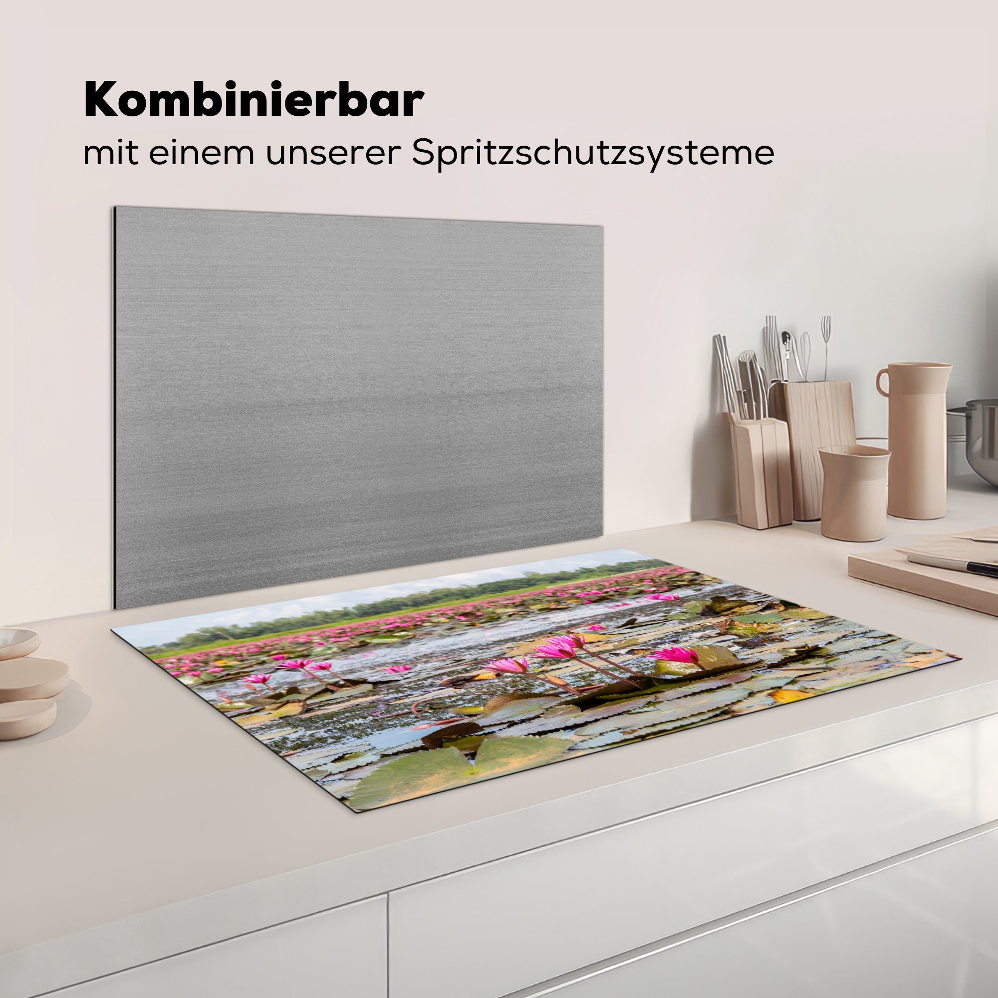 Vinyl, (1 Seerosen Ceranfeldabdeckung küche, Induktionskochfeld 81x52 in tlg), die Schutz Herdblende-/Abdeckplatte MuchoWow einem für cm, Teich, Rosa