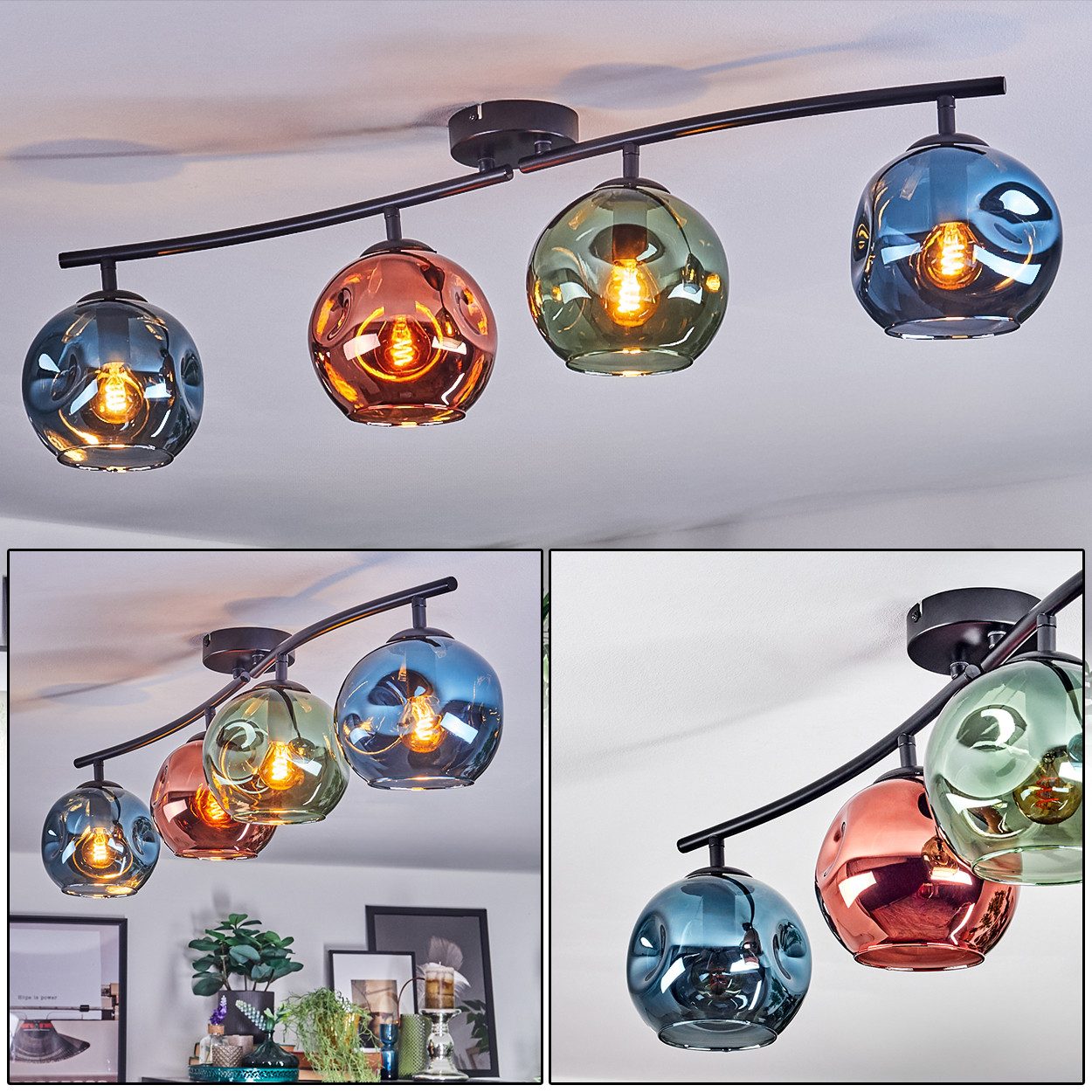hofstein Deckenleuchte Deckenlampe aus Metall/Glas in Schwarz/Blau/Kupfer/Grün, Deckenleuchte im modernen Vintage-Design (Schirme Ø 15 cm), 4 x E14